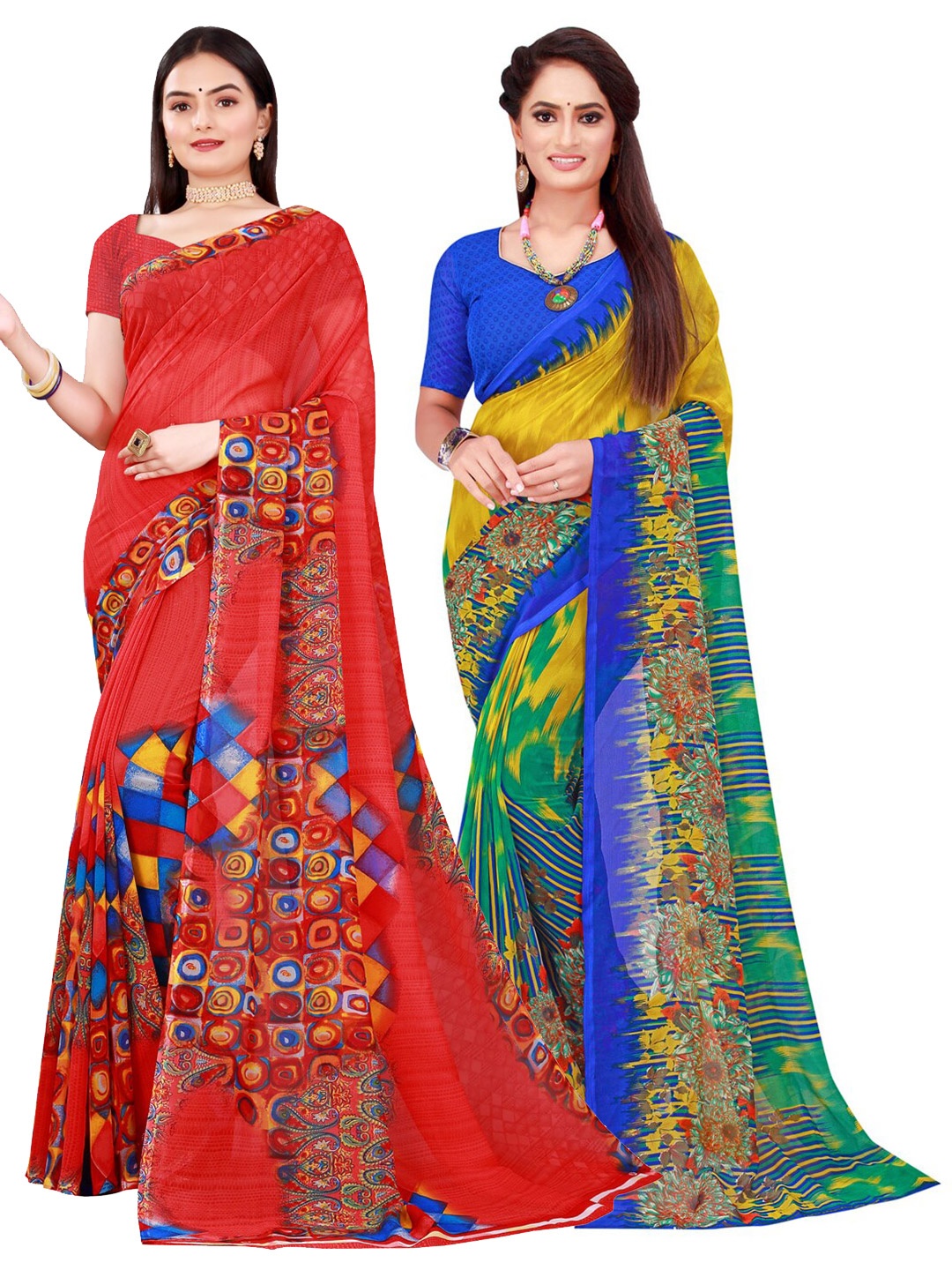 

KALINI Red & Blue Pure Georgette Saree
