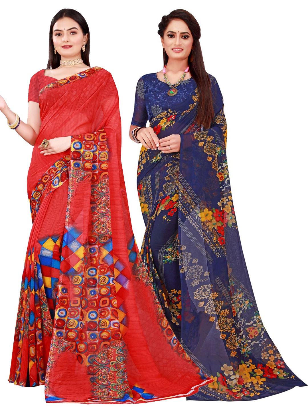 

KALINI Red & Navy Blue Pure Georgette Saree