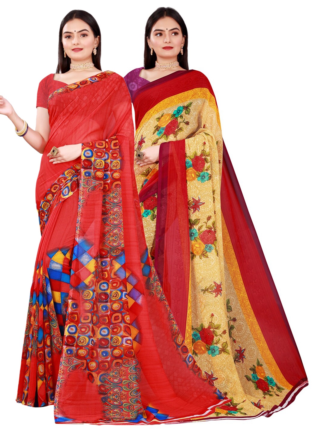 

KALINI Red & Beige Pure Georgette Saree