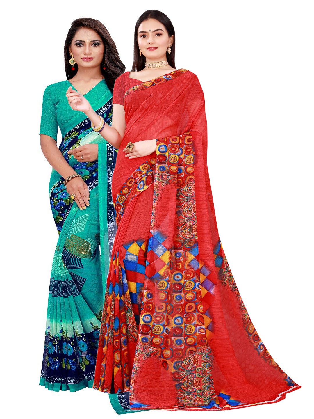 

KALINI Red & Turquoise Blue Pure Georgette Saree