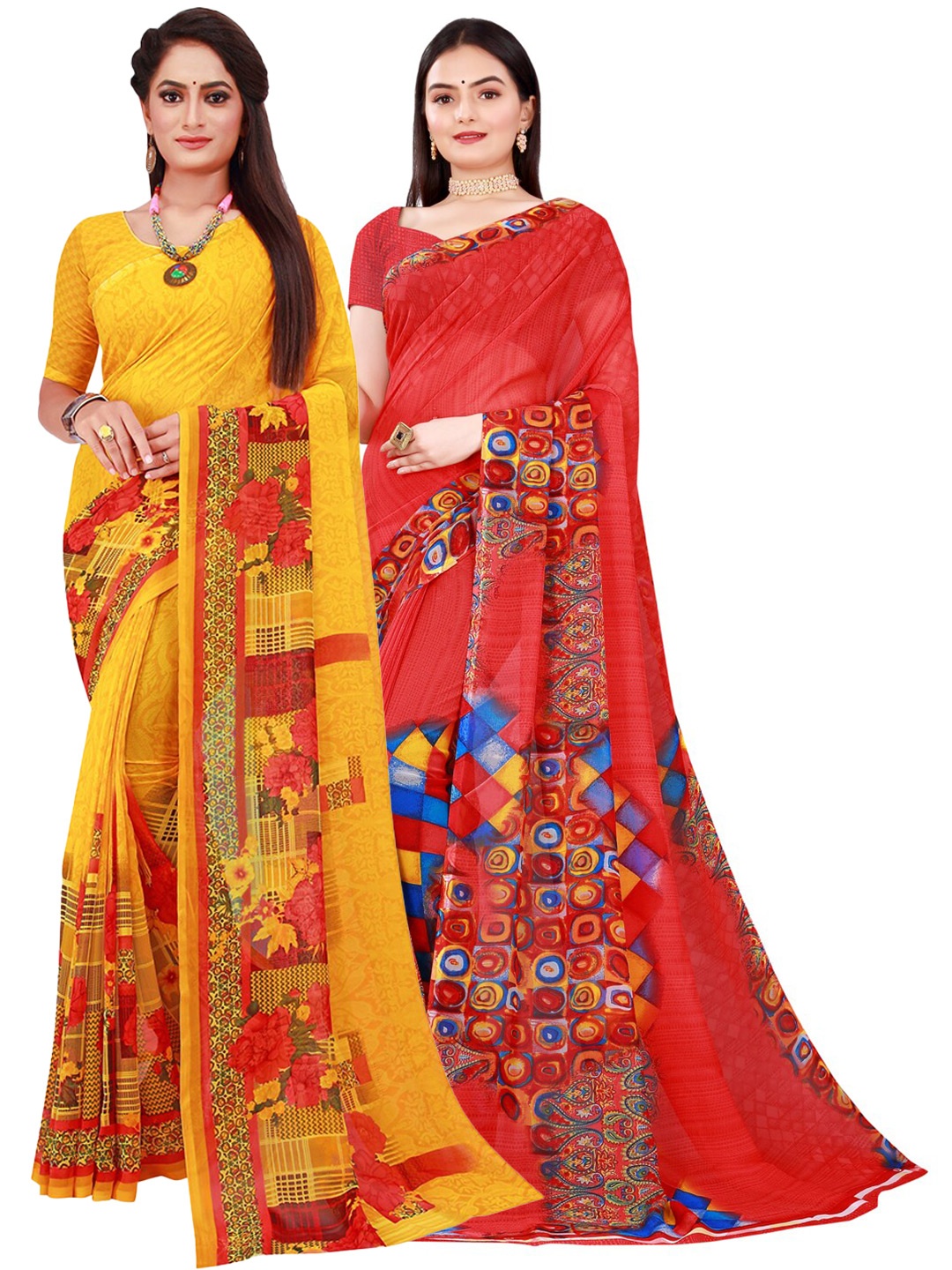 

KALINI Red & Yellow Pure Georgette Saree