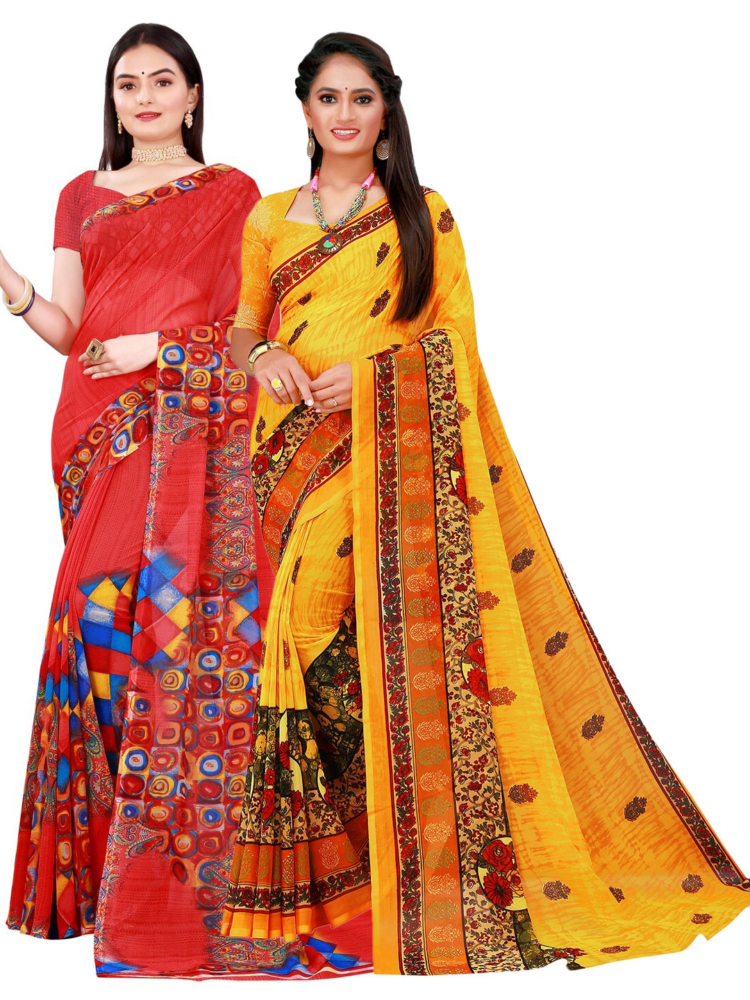 

KALINI Red & Yellow Pure Georgette Saree