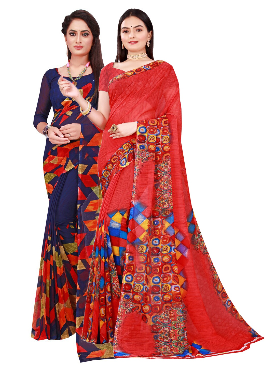 

KALINI Red & Navy Blue Pure Georgette Saree