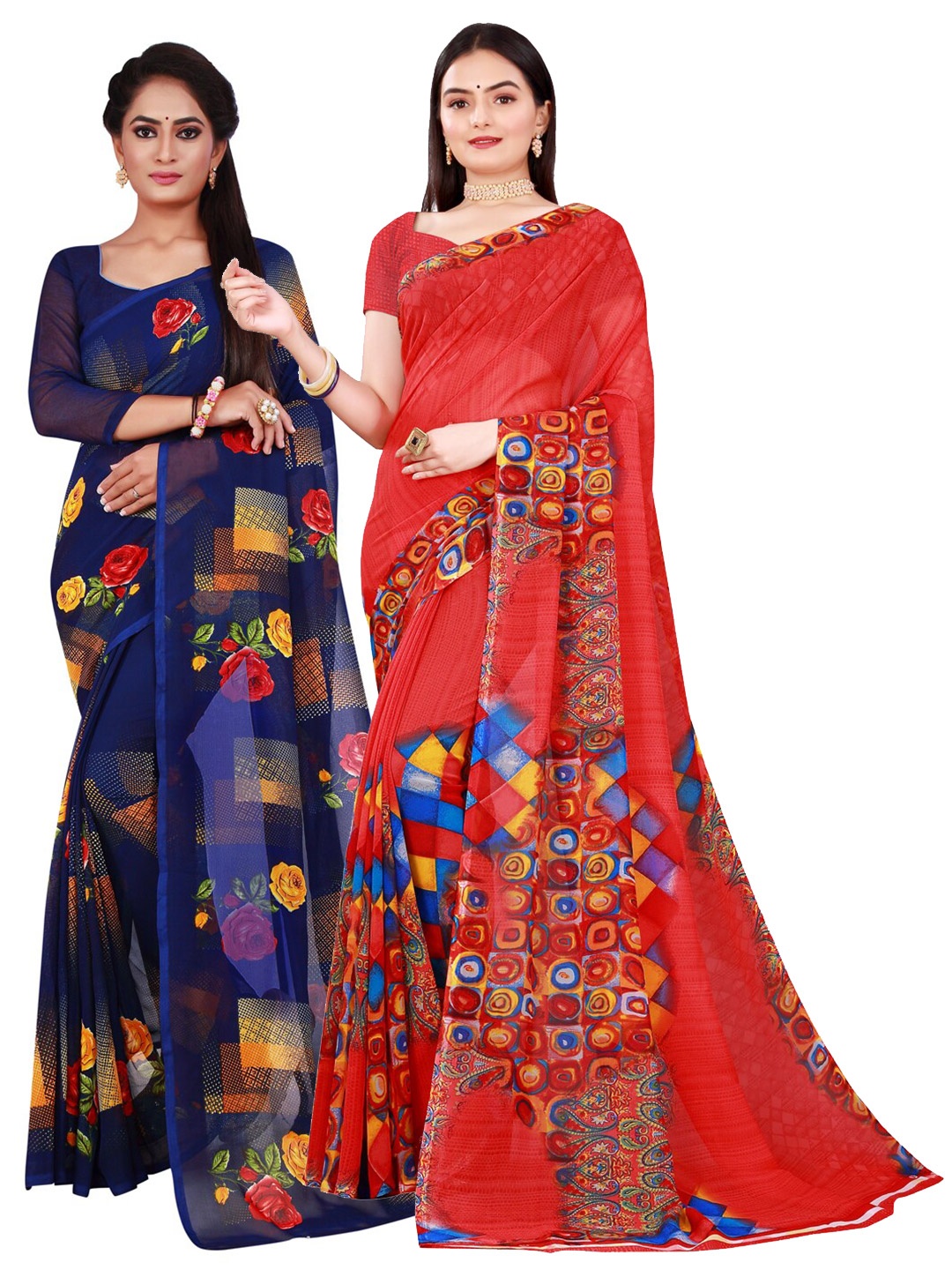 

KALINI Red & Navy Blue Pure Georgette Saree