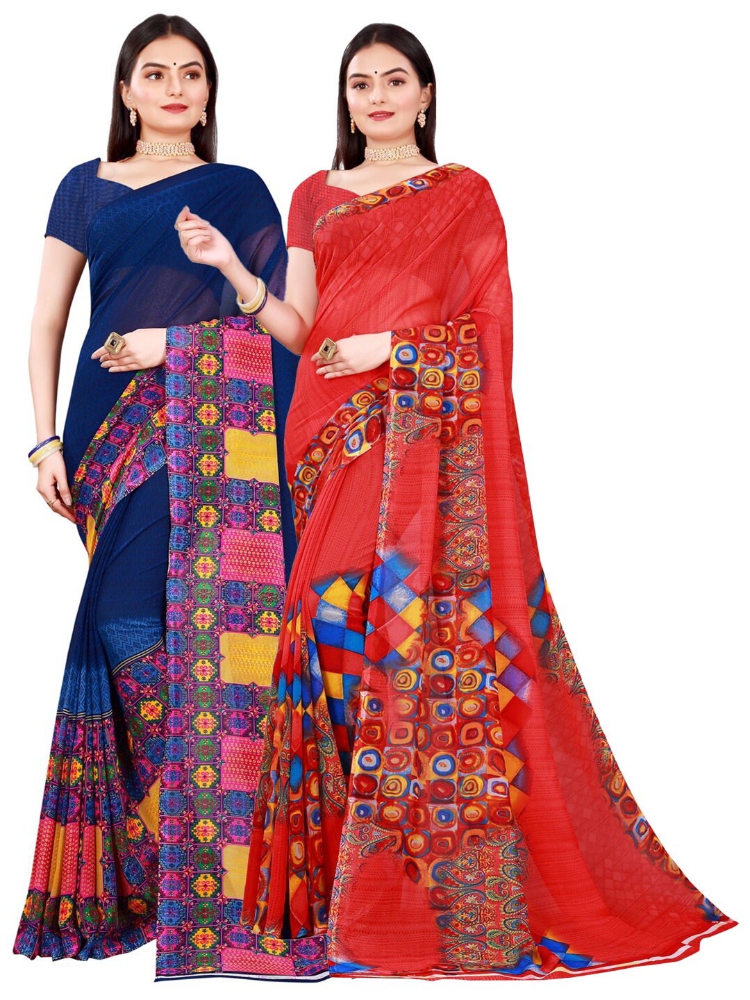 

KALINI Red & Navy Blue Pure Georgette Saree