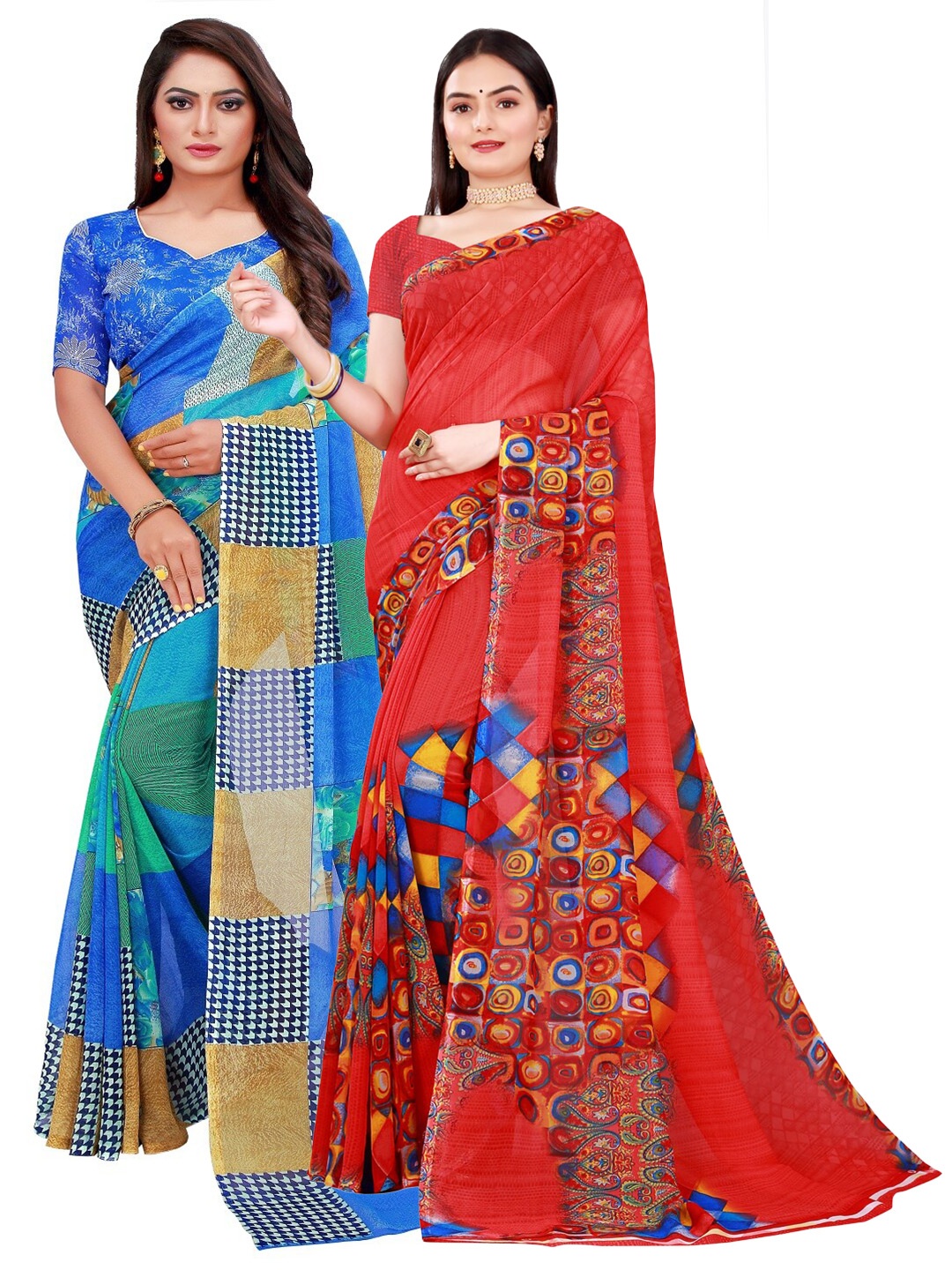 

KALINI Red & Blue Pure Georgette Saree