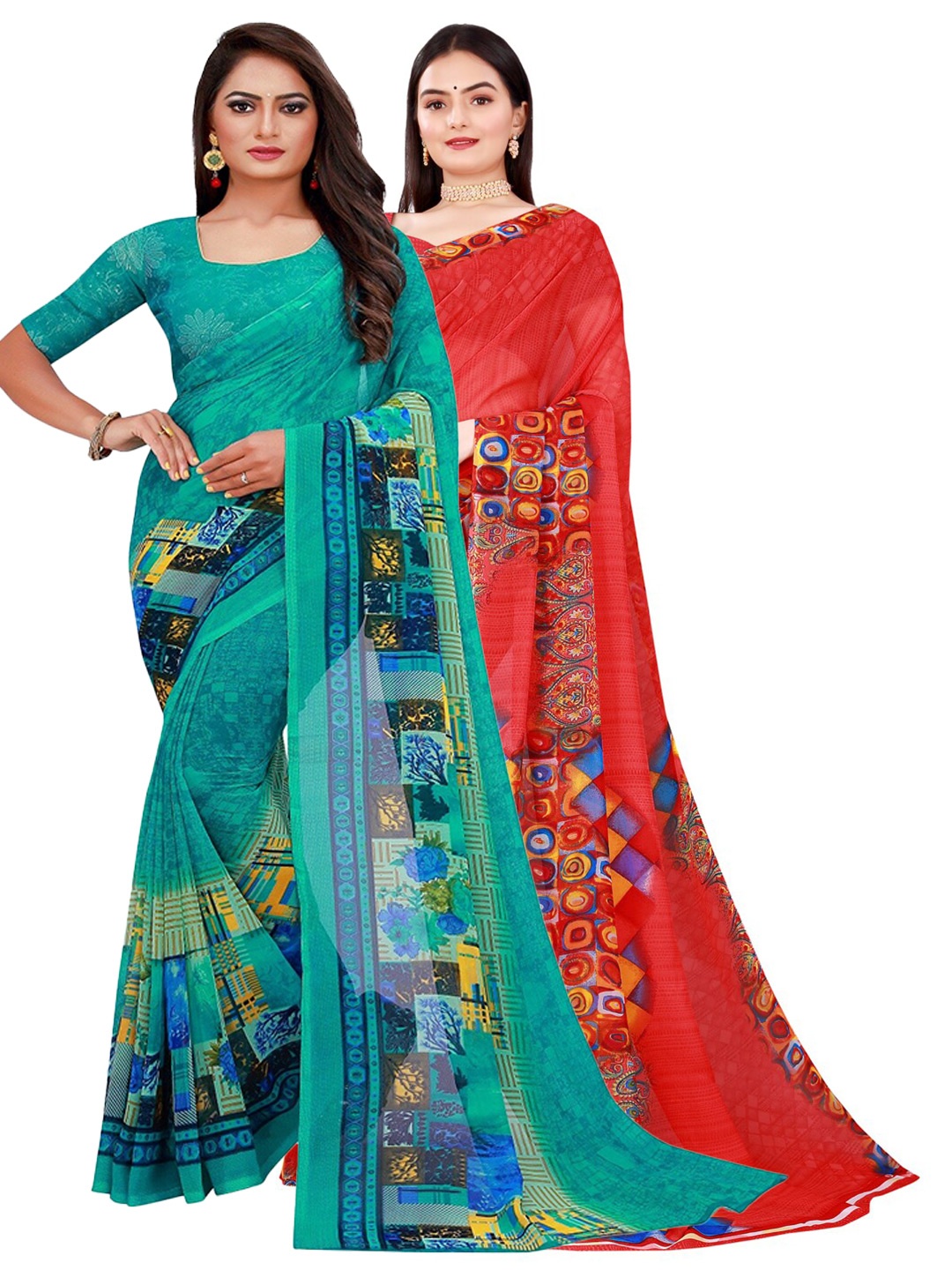 

KALINI Red & Turquoise Blue Pure Georgette Saree