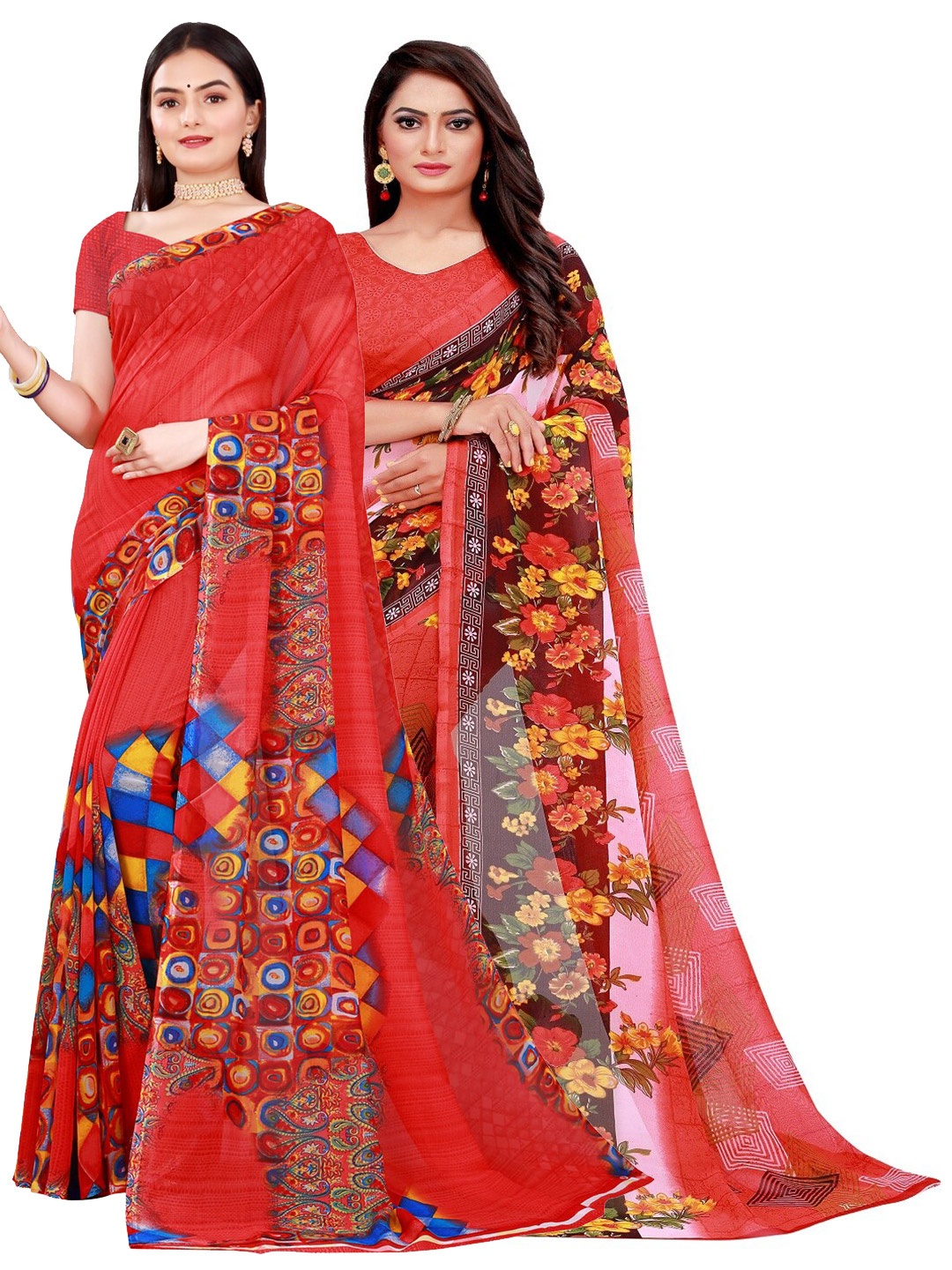 

KALINI Red & Yellow Pure Georgette Saree