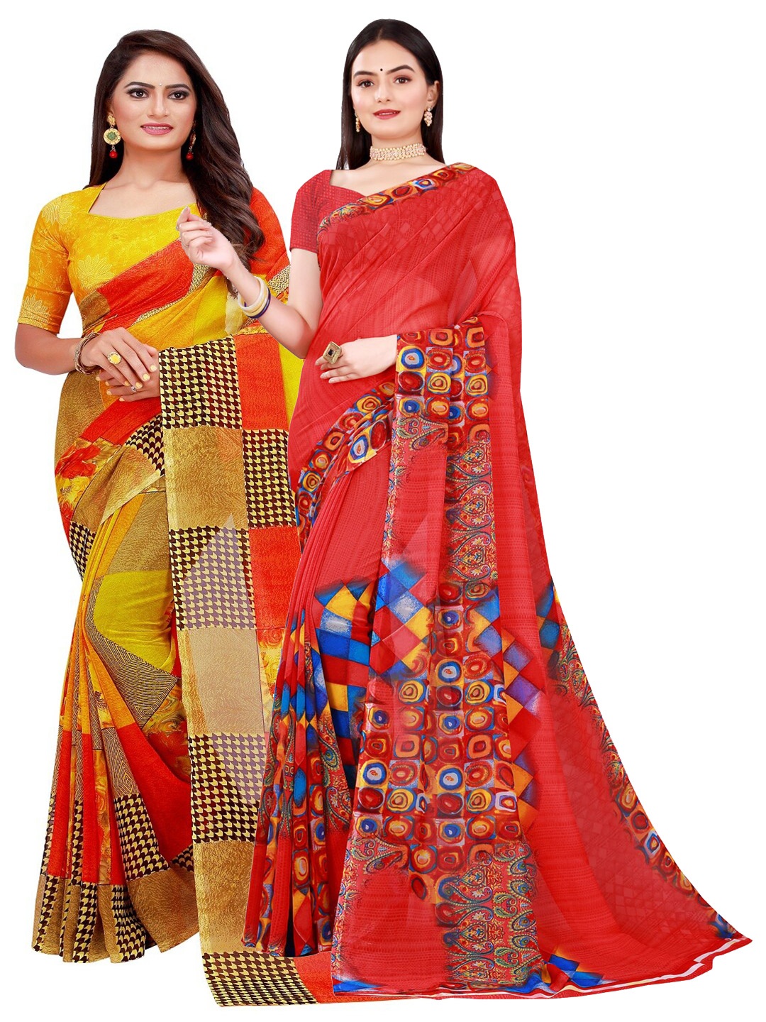

KALINI Red & Yellow Pure Georgette Saree