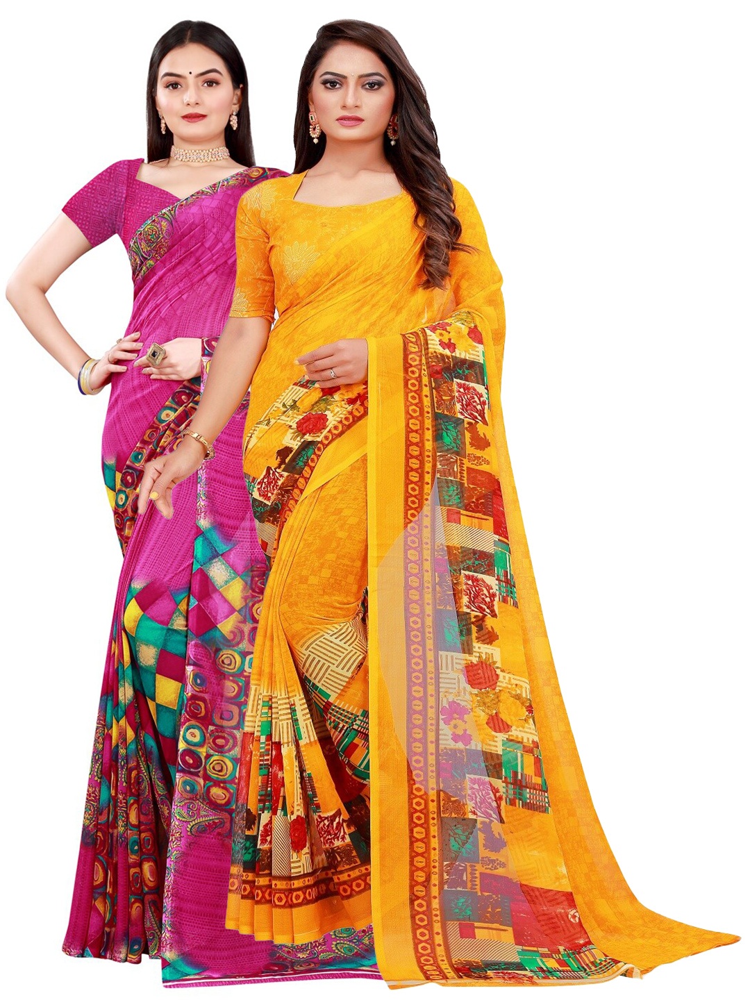 

KALINI Magenta & Yellow Pure Georgette Saree