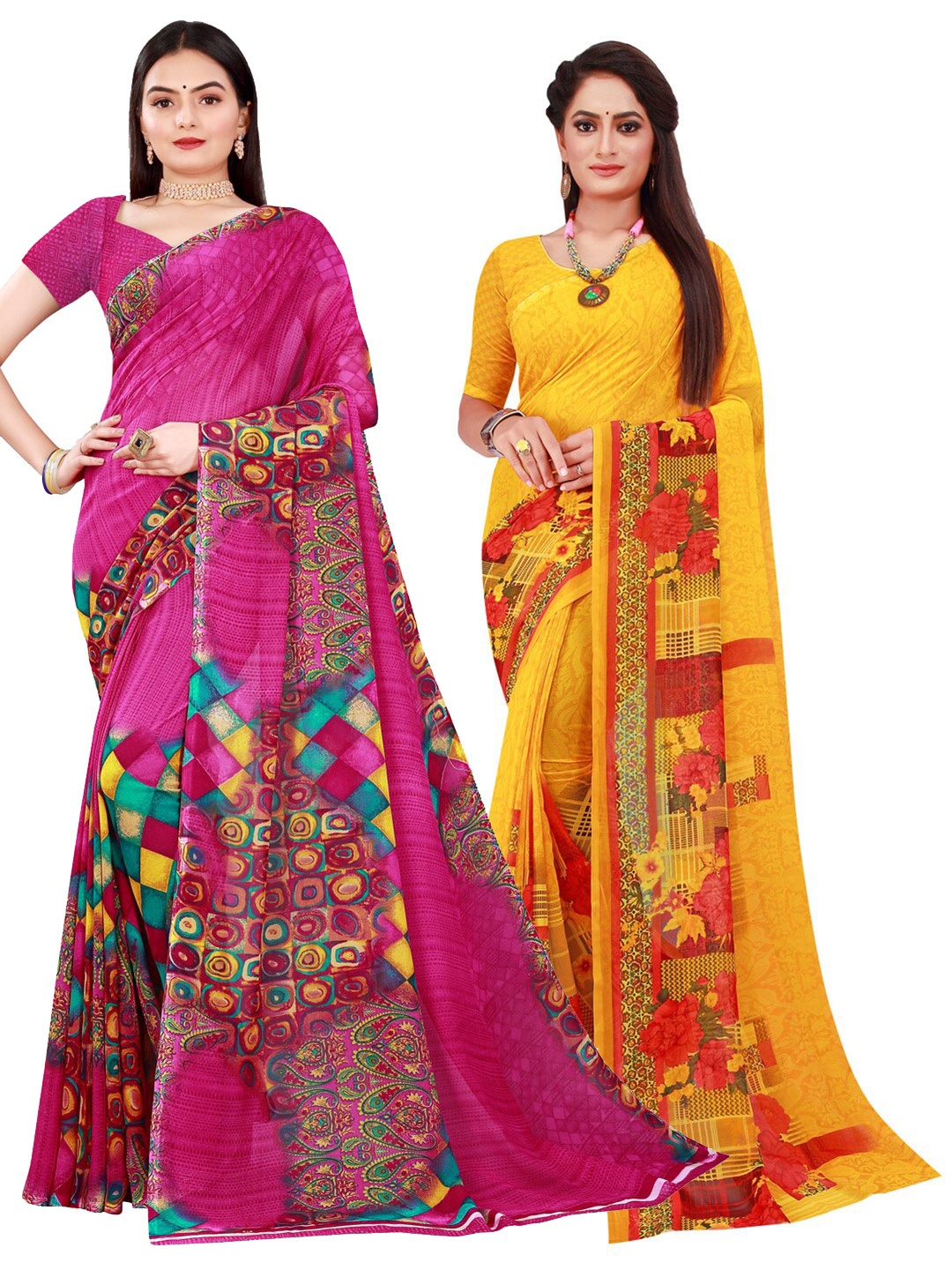 

KALINI Yellow & Magenta Pure Georgette Saree