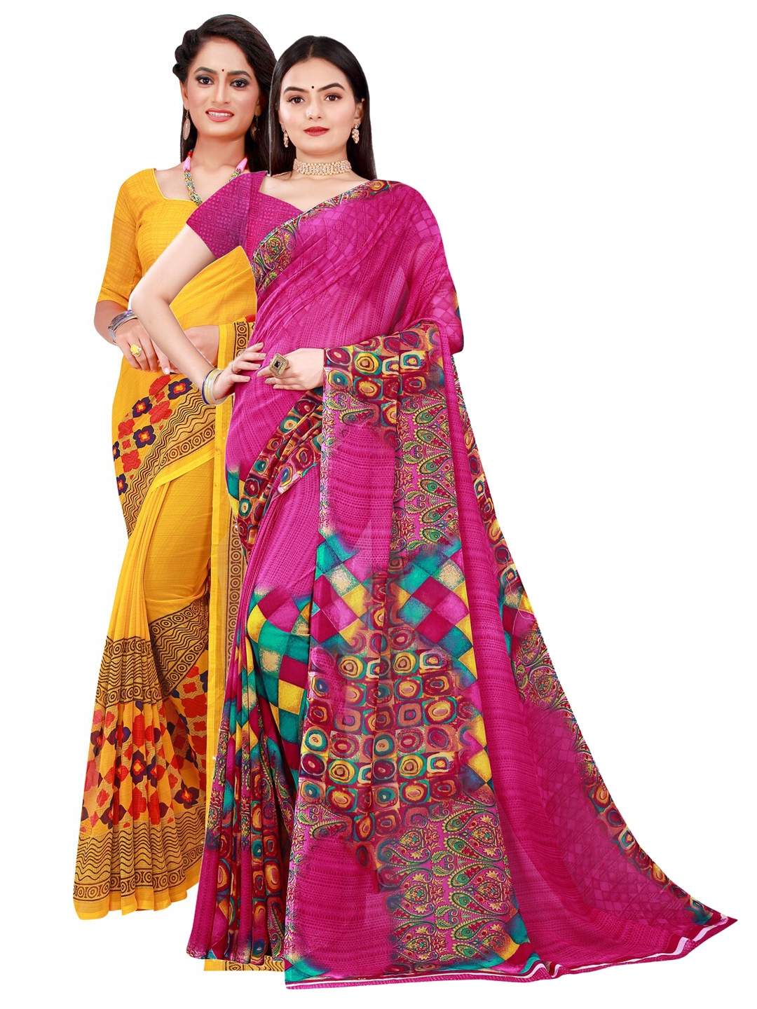 

KALINI Yellow & Magenta Pure Georgette Saree