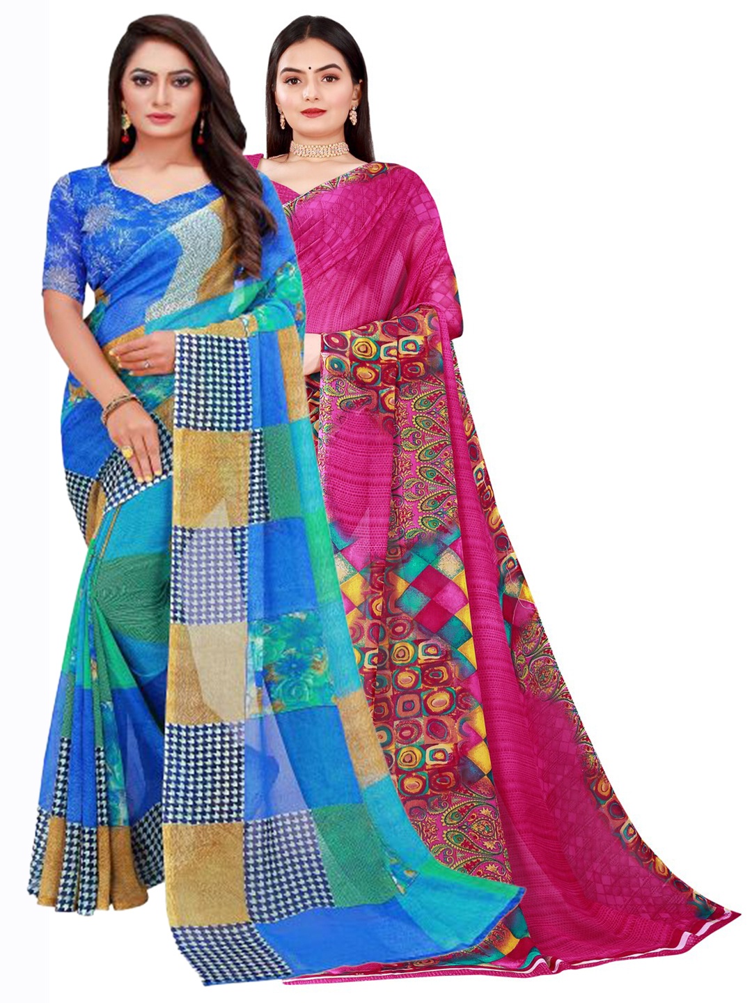 

KALINI Blue & Magenta Pure Georgette Saree