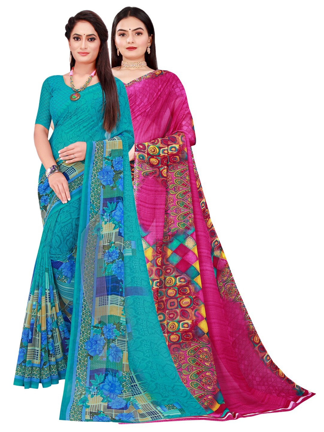 

KALINI Magenta & Turquoise Blue Pure Georgette Saree