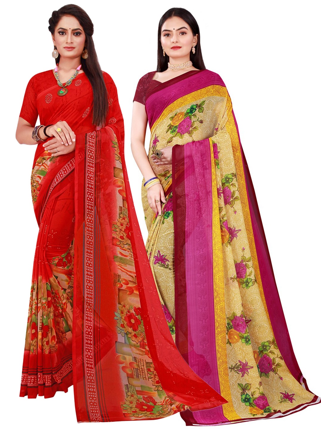 

KALINI Beige & Red Pure Georgette Saree