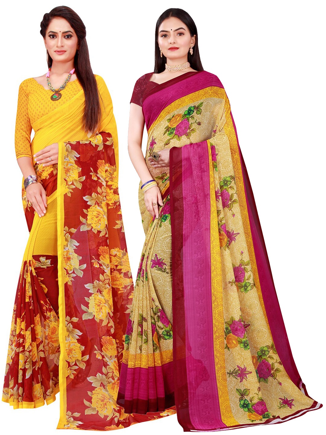 

KALINI Beige & Yellow Pure Georgette Saree