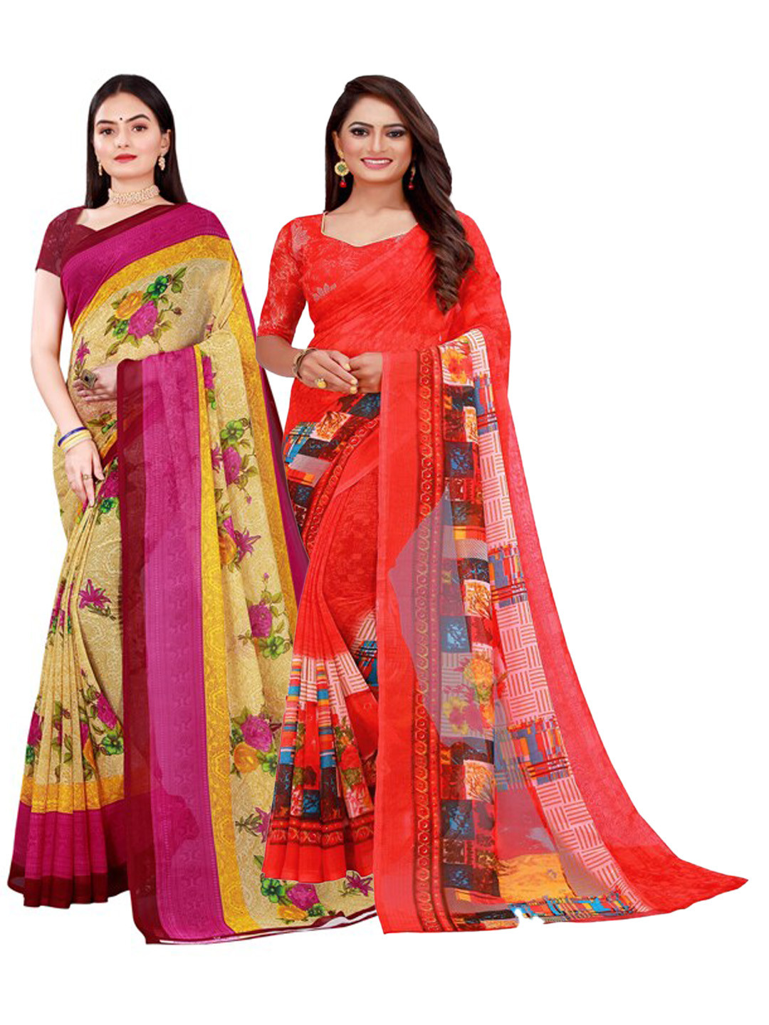 

KALINI Beige & Red Pure Georgette Saree