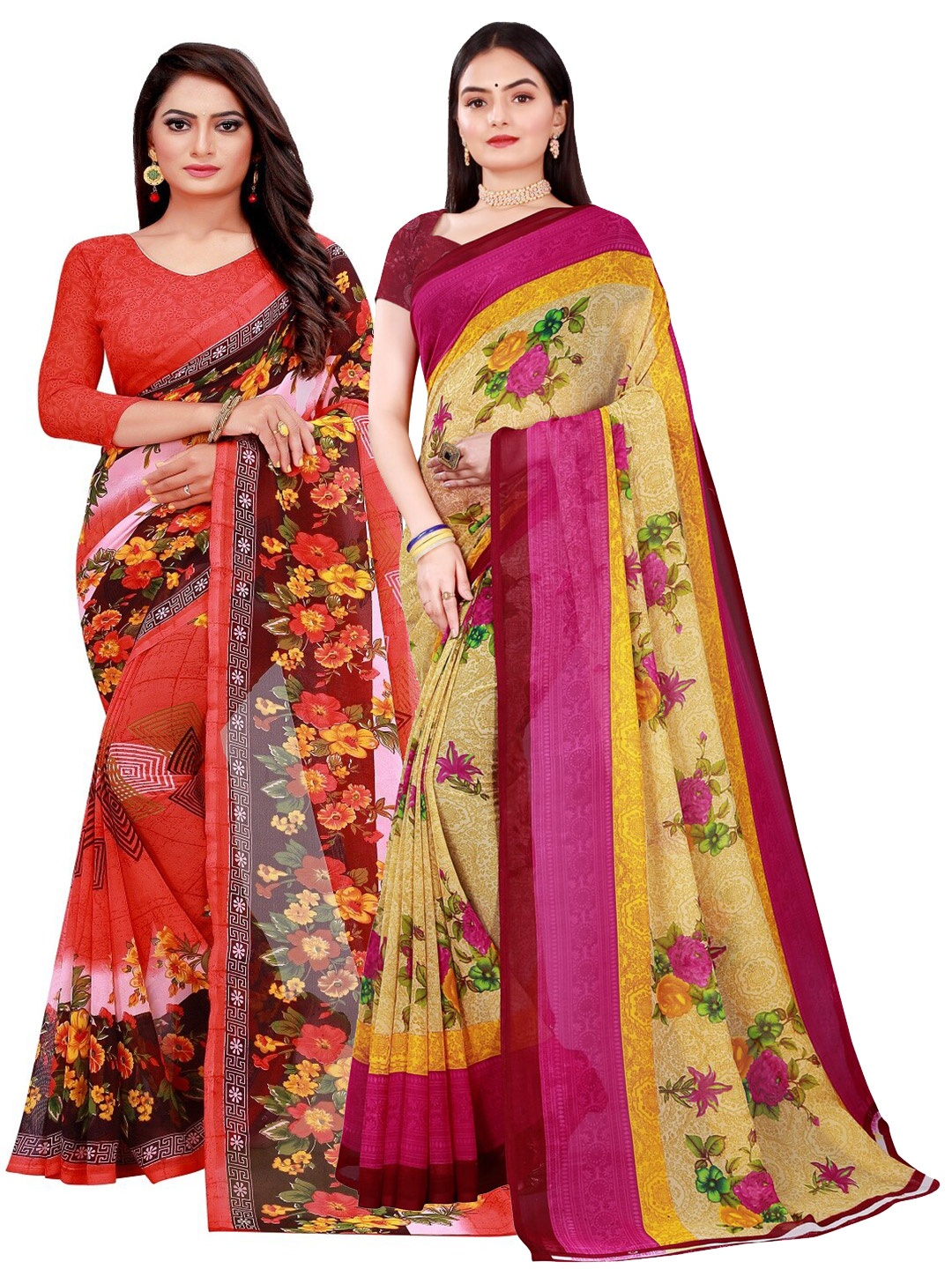 

KALINI Beige & Red Pure Georgette Saree