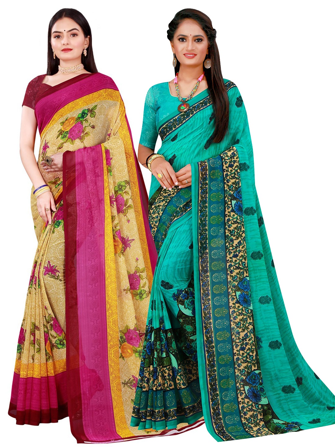 

KALINI Yellow & Turquoise Blue Pure Georgette Saree