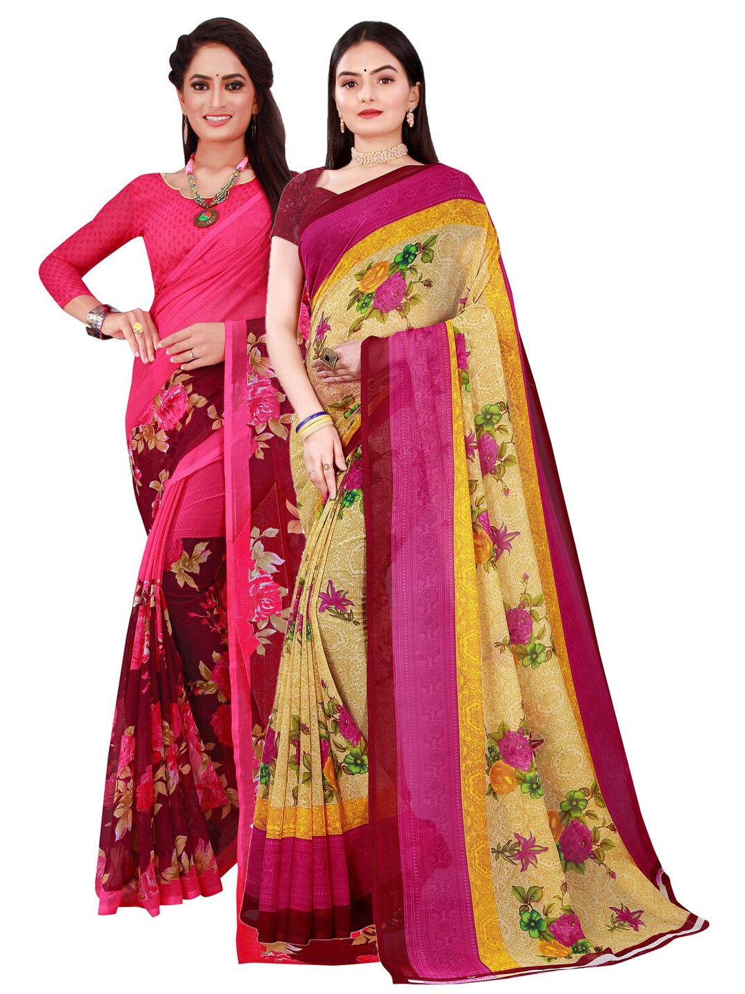 

KALINI Beige & Magenta Pure Georgette Saree