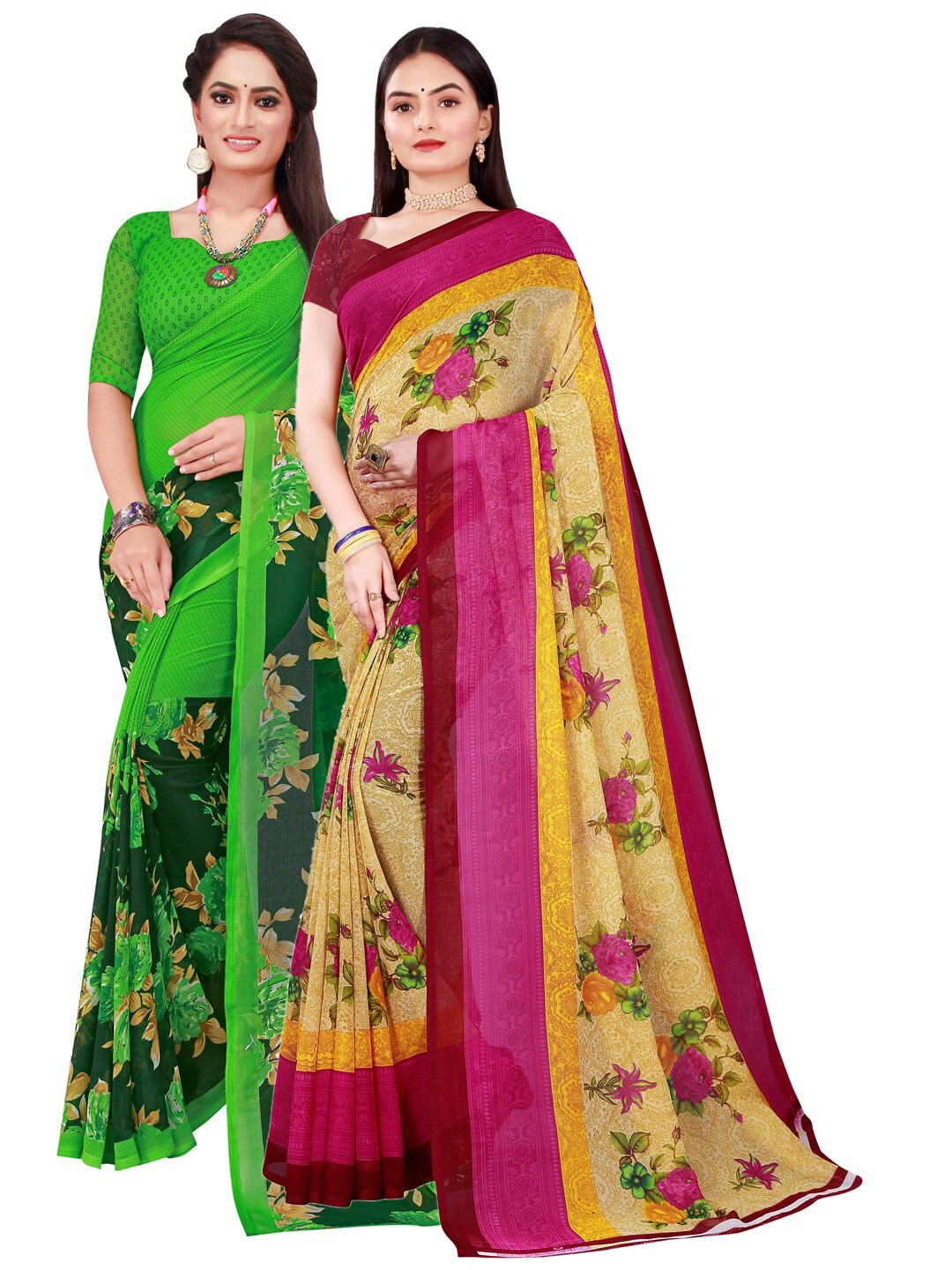 

KALINI Beige & Green Pure Georgette Saree