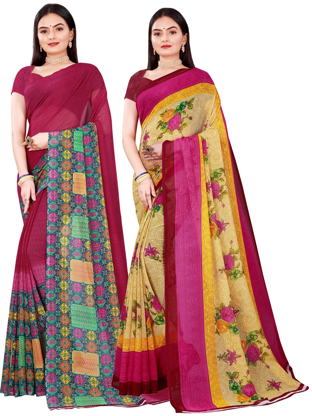 

KALINI Beige & Maroon Pure Georgette Saree