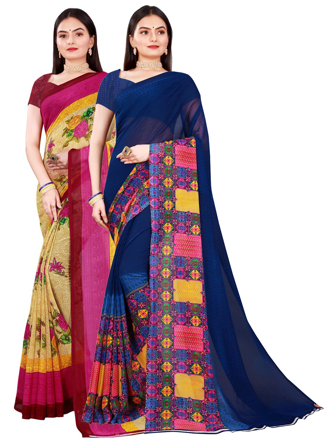 

KALINI Beige & Navy Blue Pure Georgette Saree
