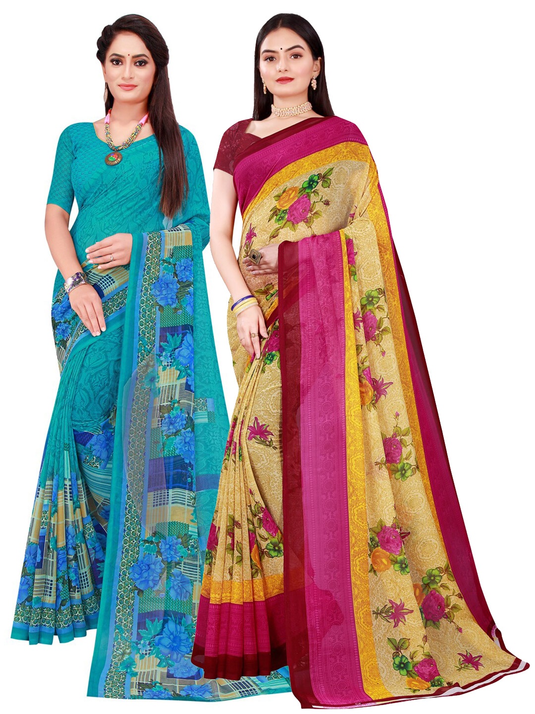 

KALINI Beige & Turquoise Blue Pure Georgette Saree