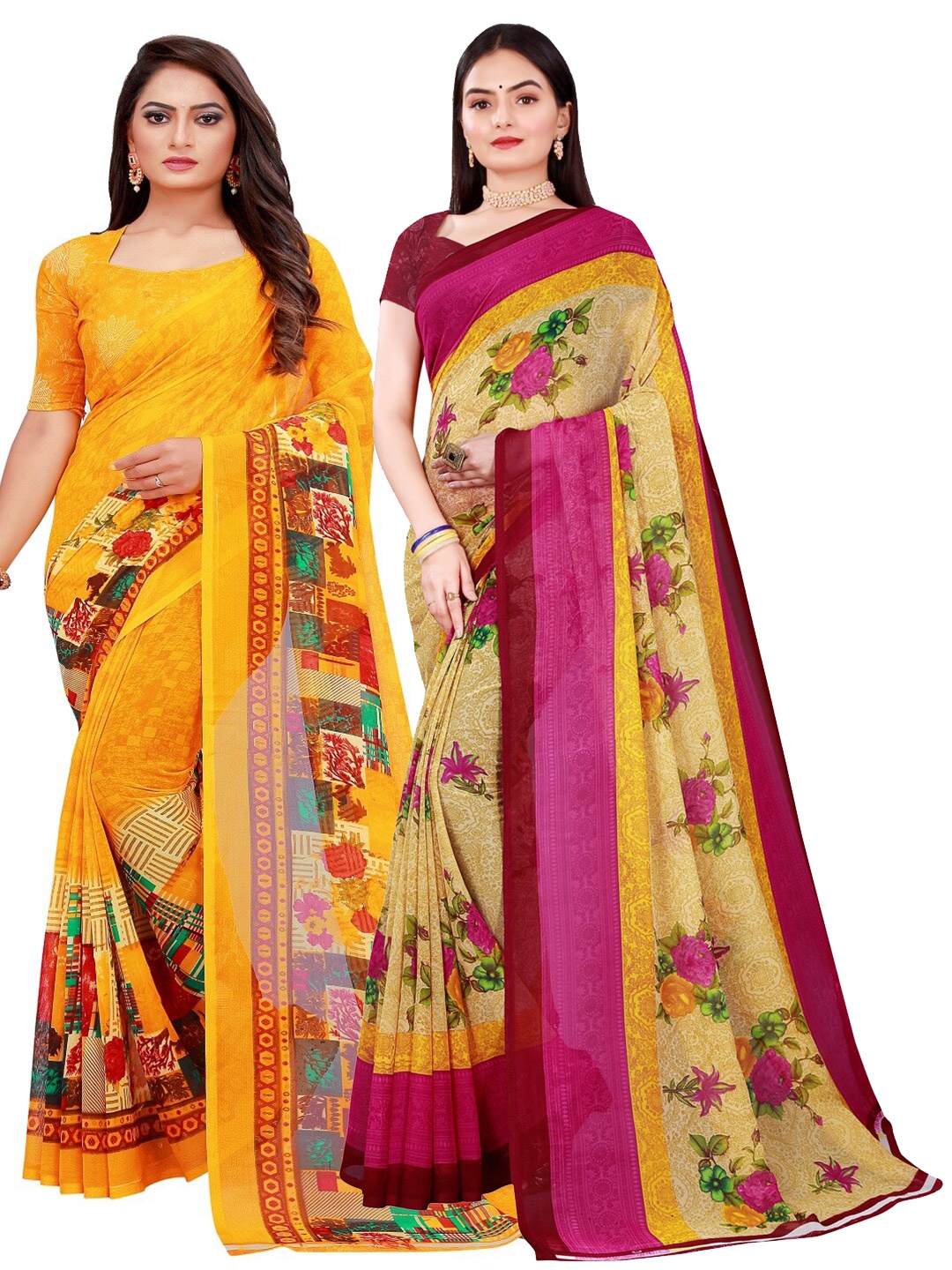 

KALINI Beige & Yellow Pure Georgette Saree
