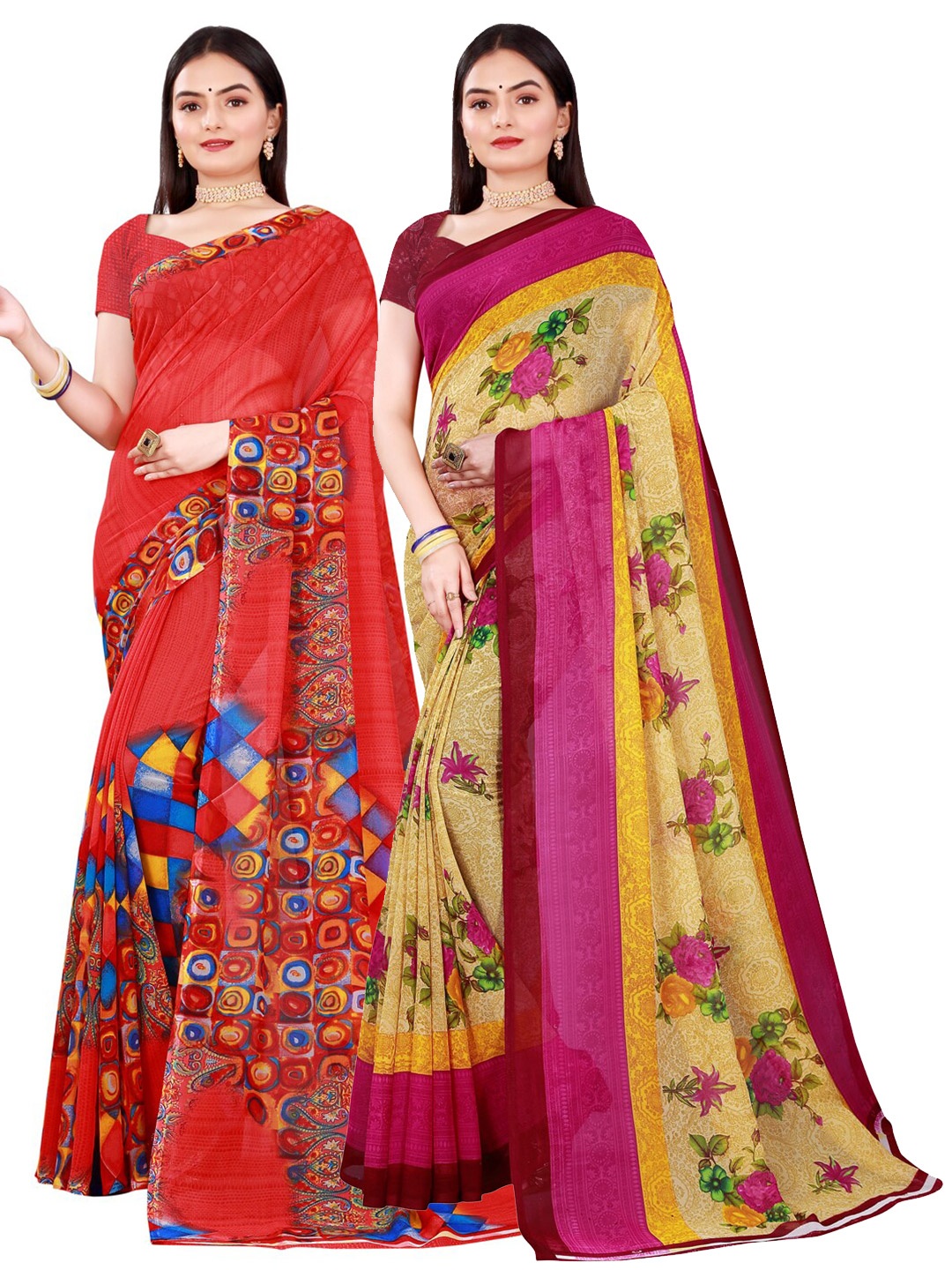 

KALINI Red & Beige Pure Georgette Saree