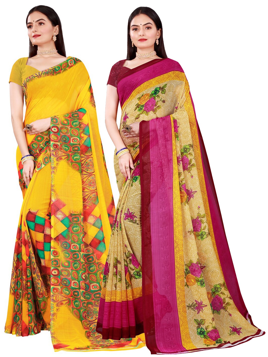 

KALINI Beige & Yellow Pure Georgette Saree