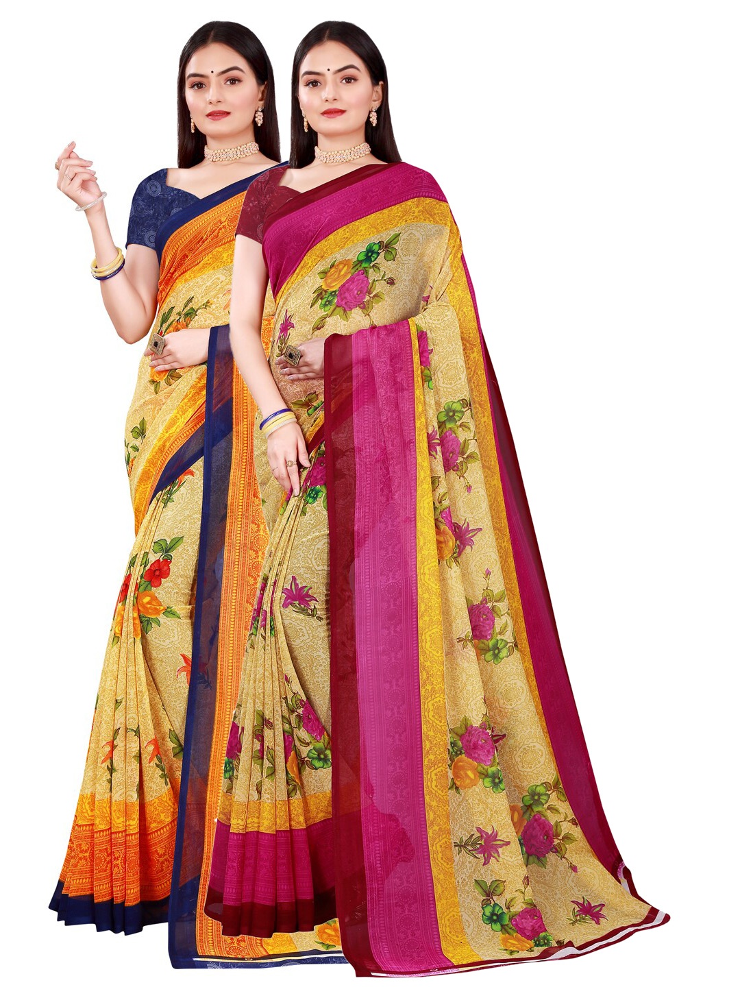 

KALINI Beige & Yellow Pure Georgette Saree