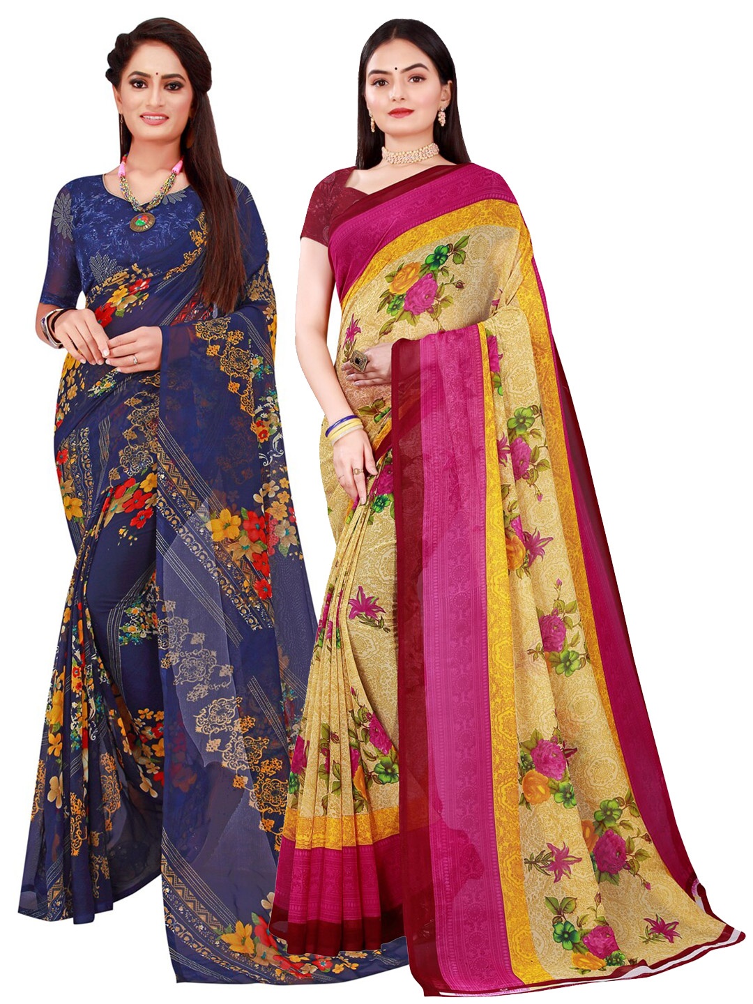 

KALINI Beige & Navy Blue Pure Georgette Saree
