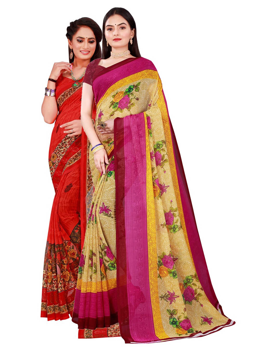 

KALINI Beige & Red Pure Georgette Saree