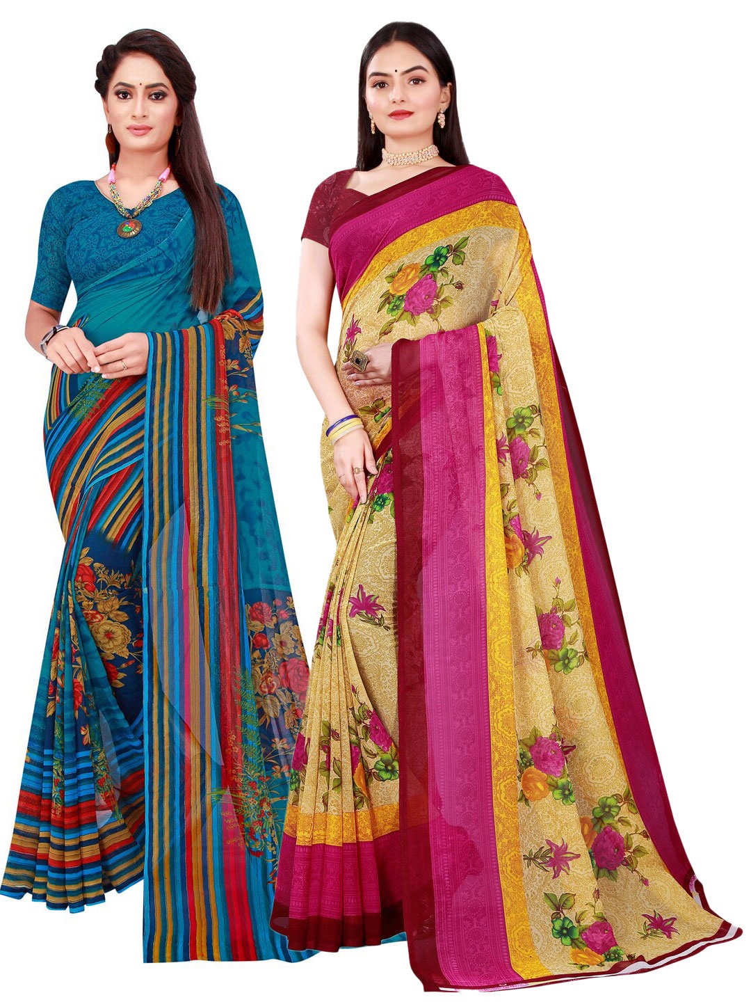 

KALINI Beige & Blue Pure Georgette Saree