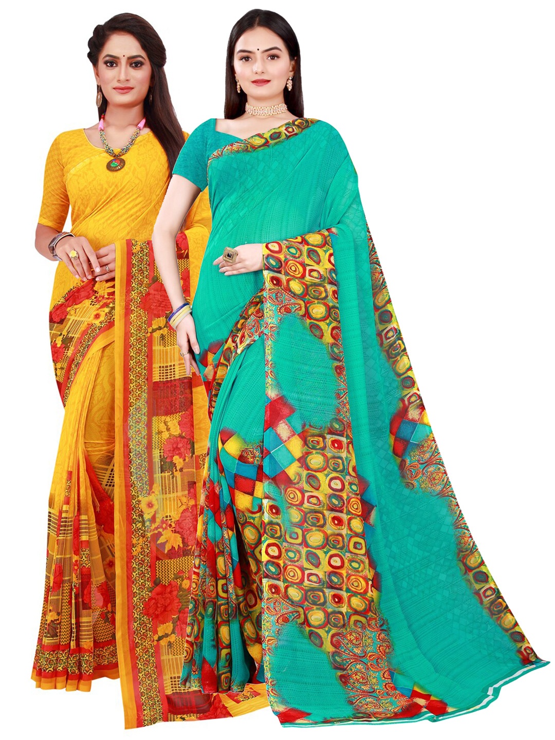 

Florence Green & Yellow Pure Georgette Saree