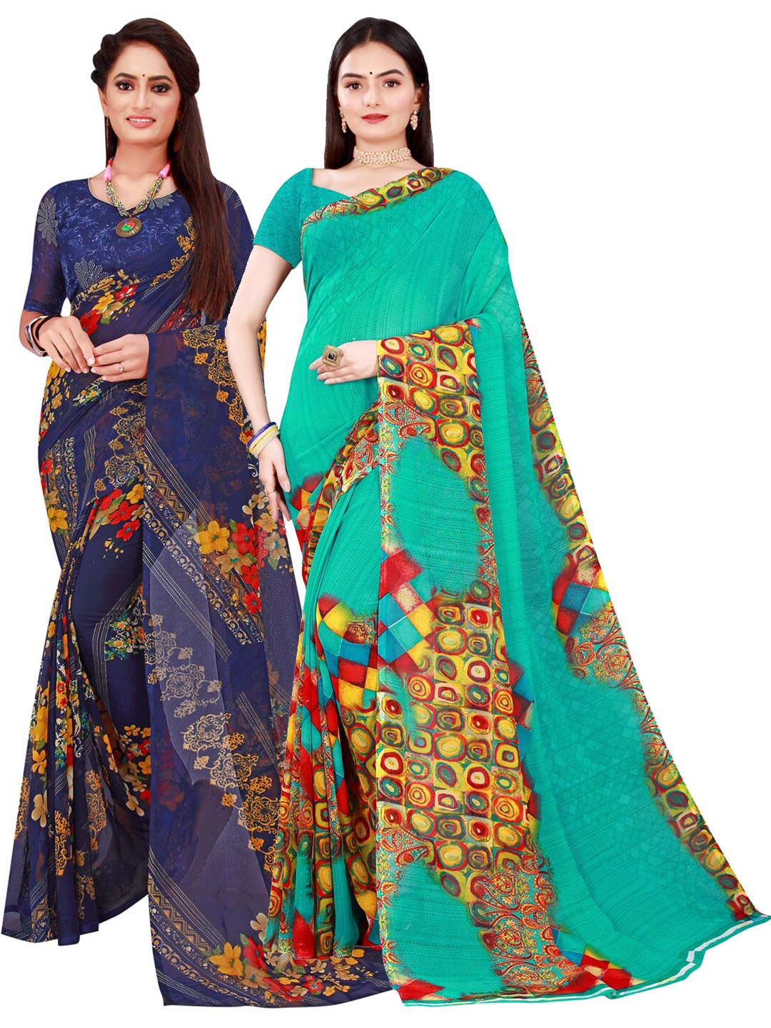 

Florence Green & Navy Blue Pure Georgette Saree