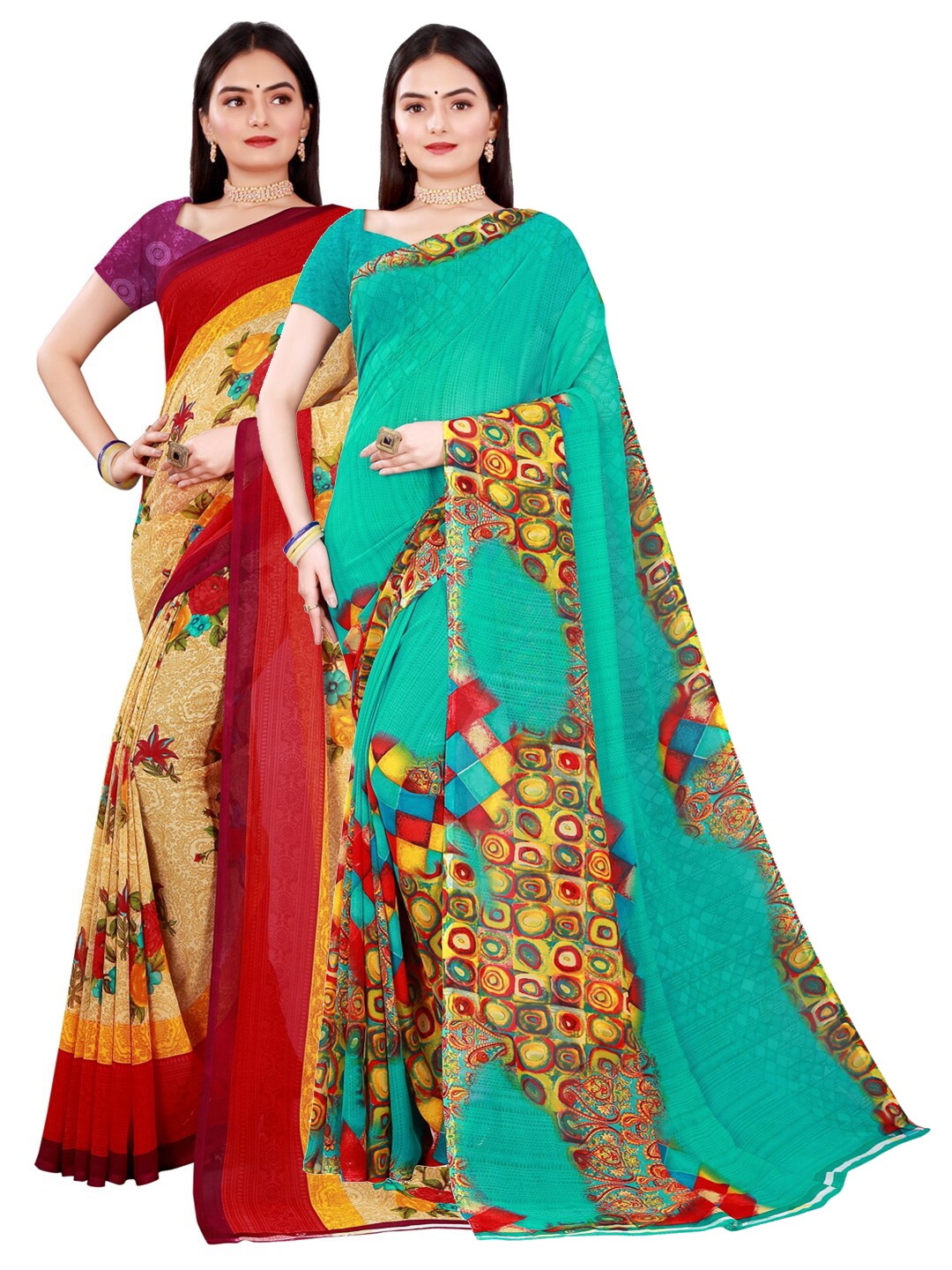 

Florence Green & Beige Pure Georgette Saree