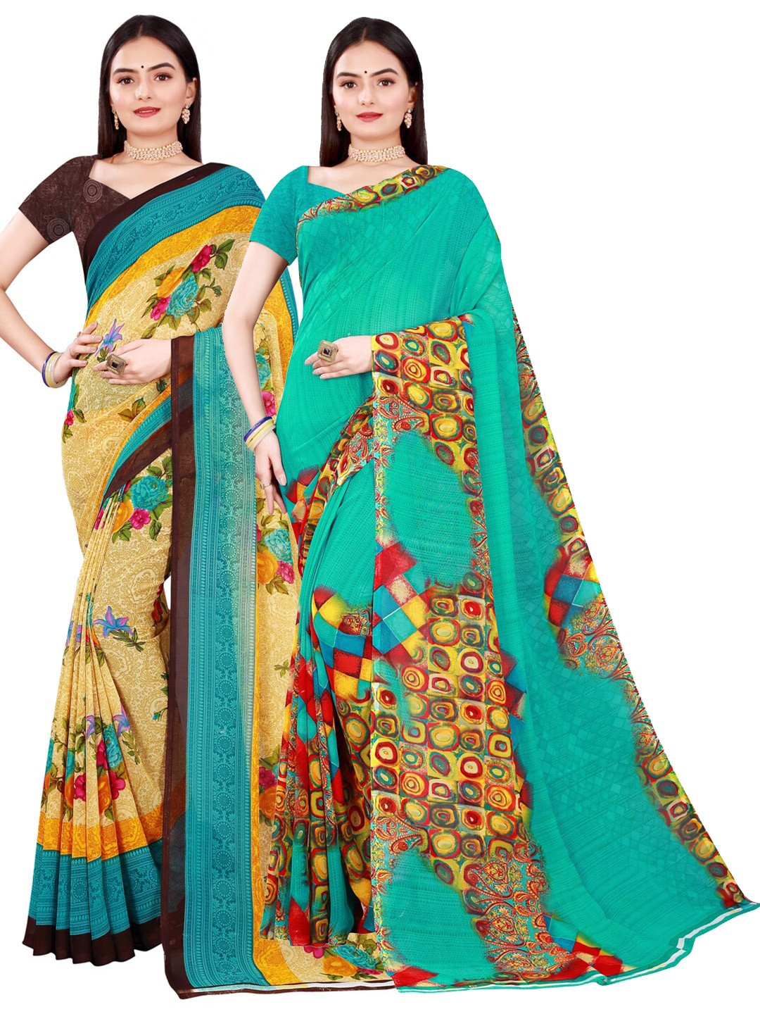 

Florence Green & Beige Pure Georgette Saree
