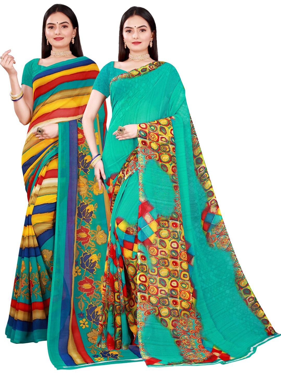 Florence Green & Blue Pure Georgette Saree