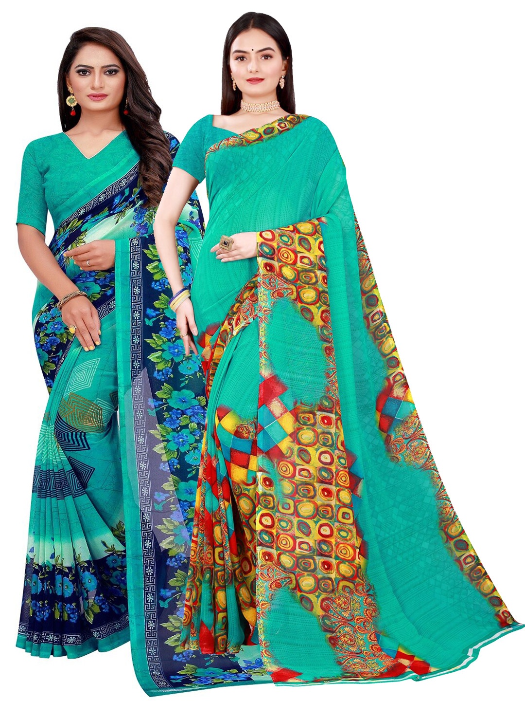 

Florence Women Green & Turquoise Blue Pure Georgette Saree