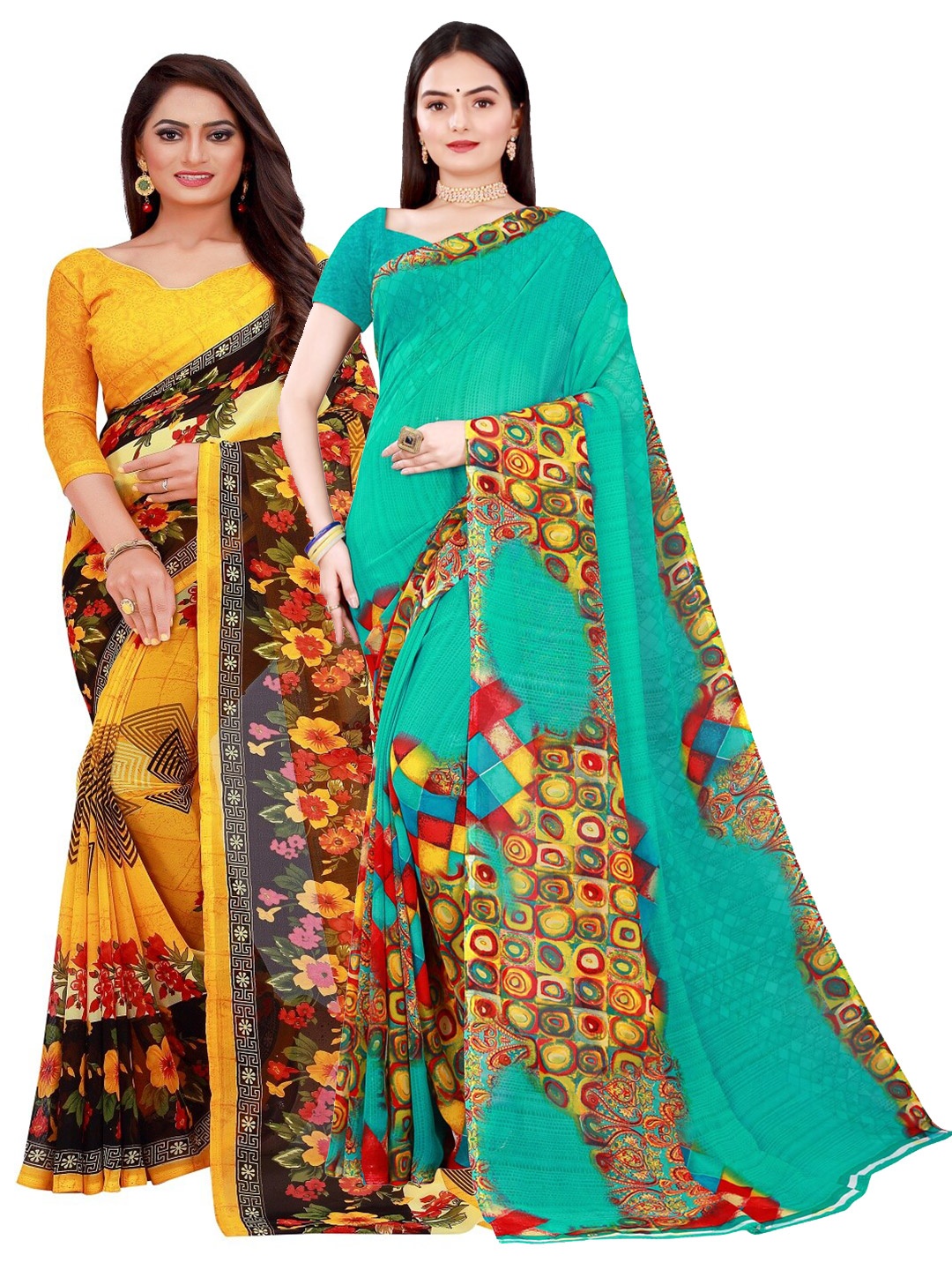 

Florence Green & Yellow Pure Georgette Saree