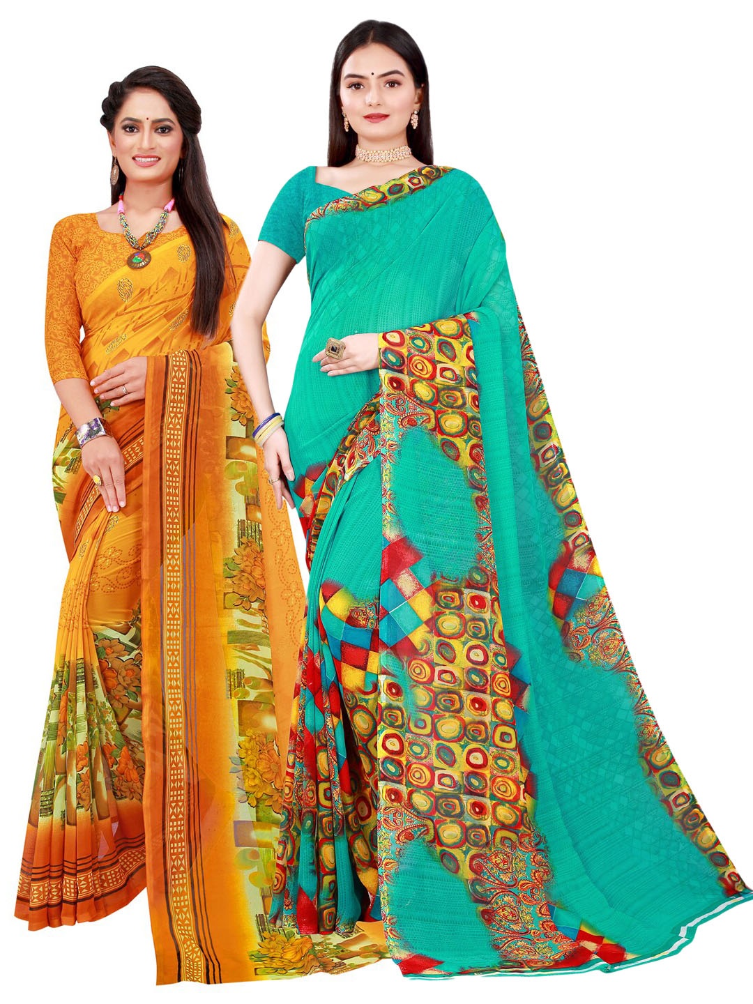 

Florence Women Green & Yellow Pure Georgette Saree