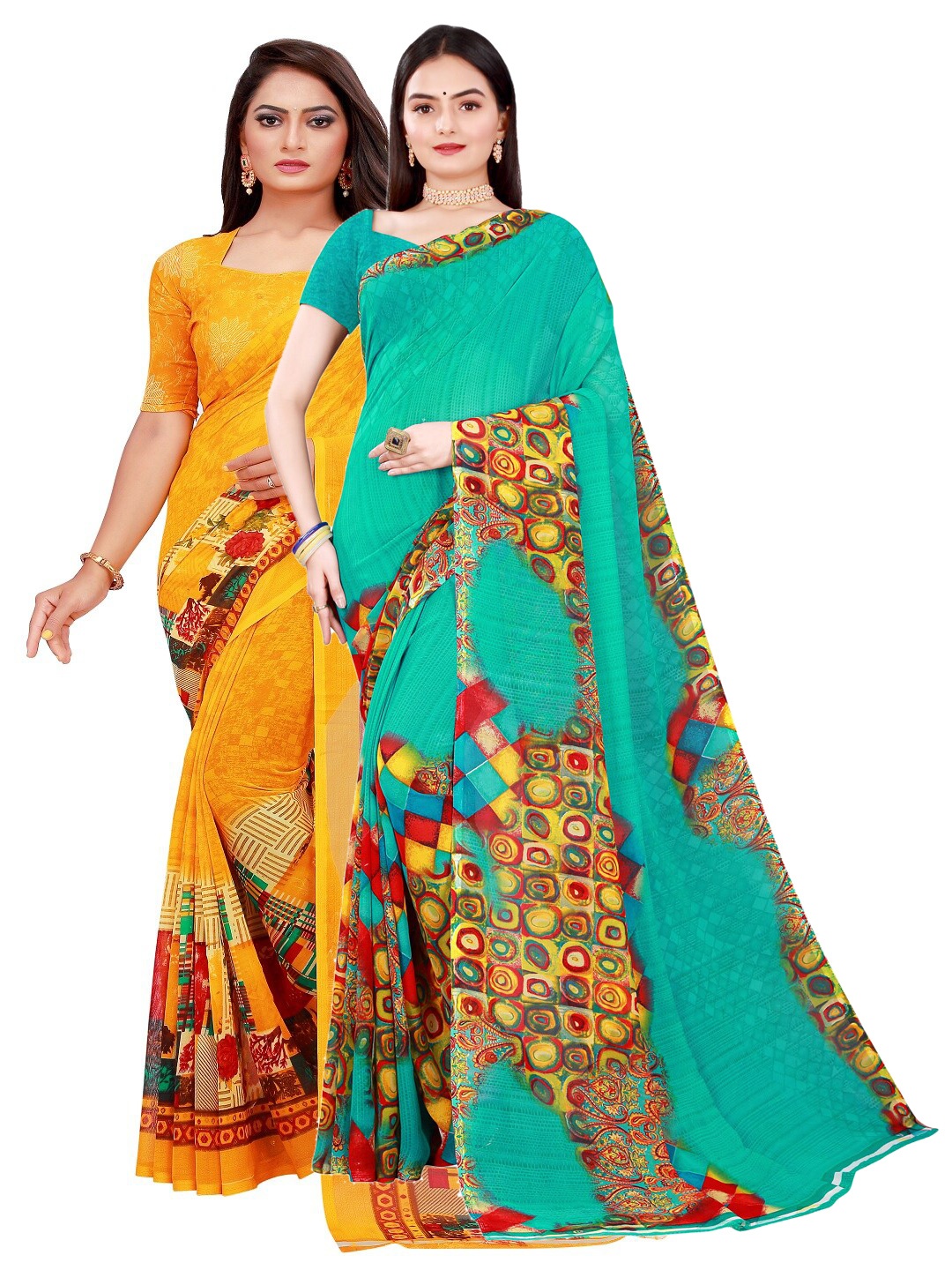 Florence Green & Yellow Pure Georgette Saree