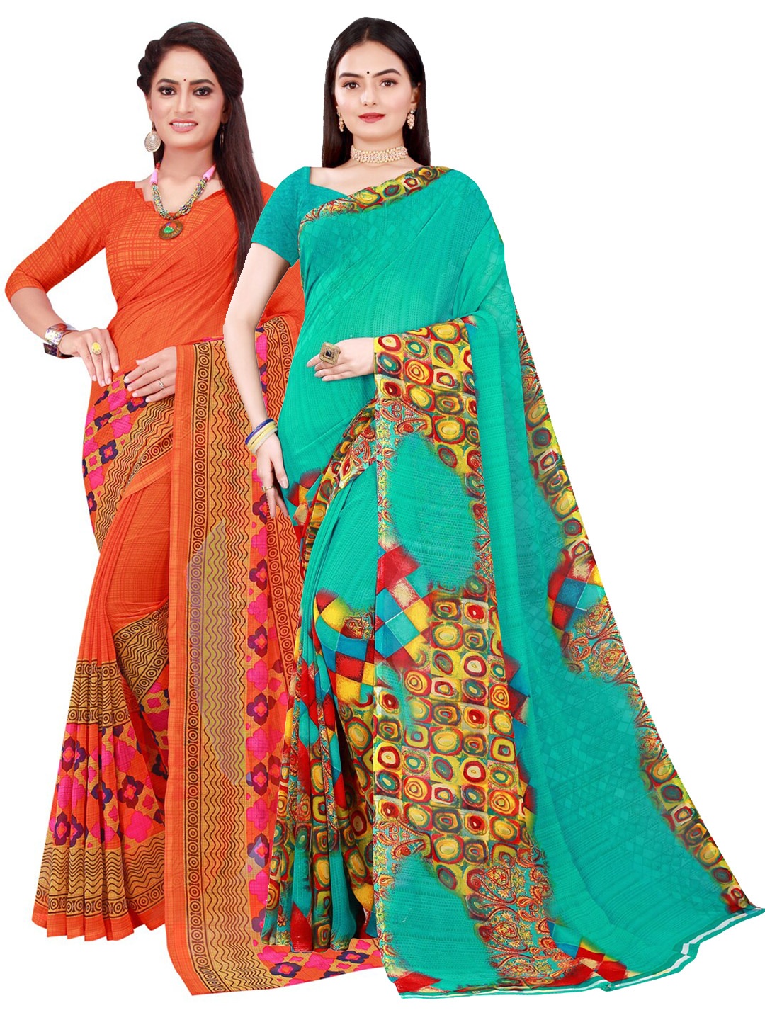 

Florence Green & Orange Pure Georgette Saree