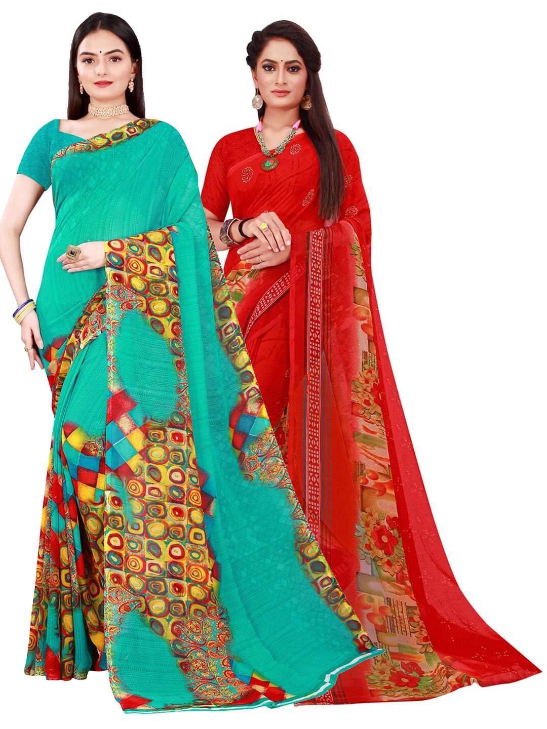Florence Green & Red Pure Georgette Saree