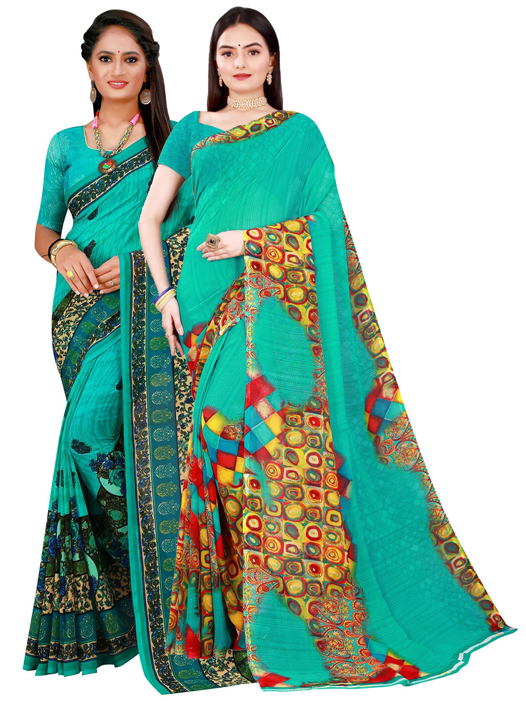 

Florence Green & Turquoise Blue Pure Georgette Saree