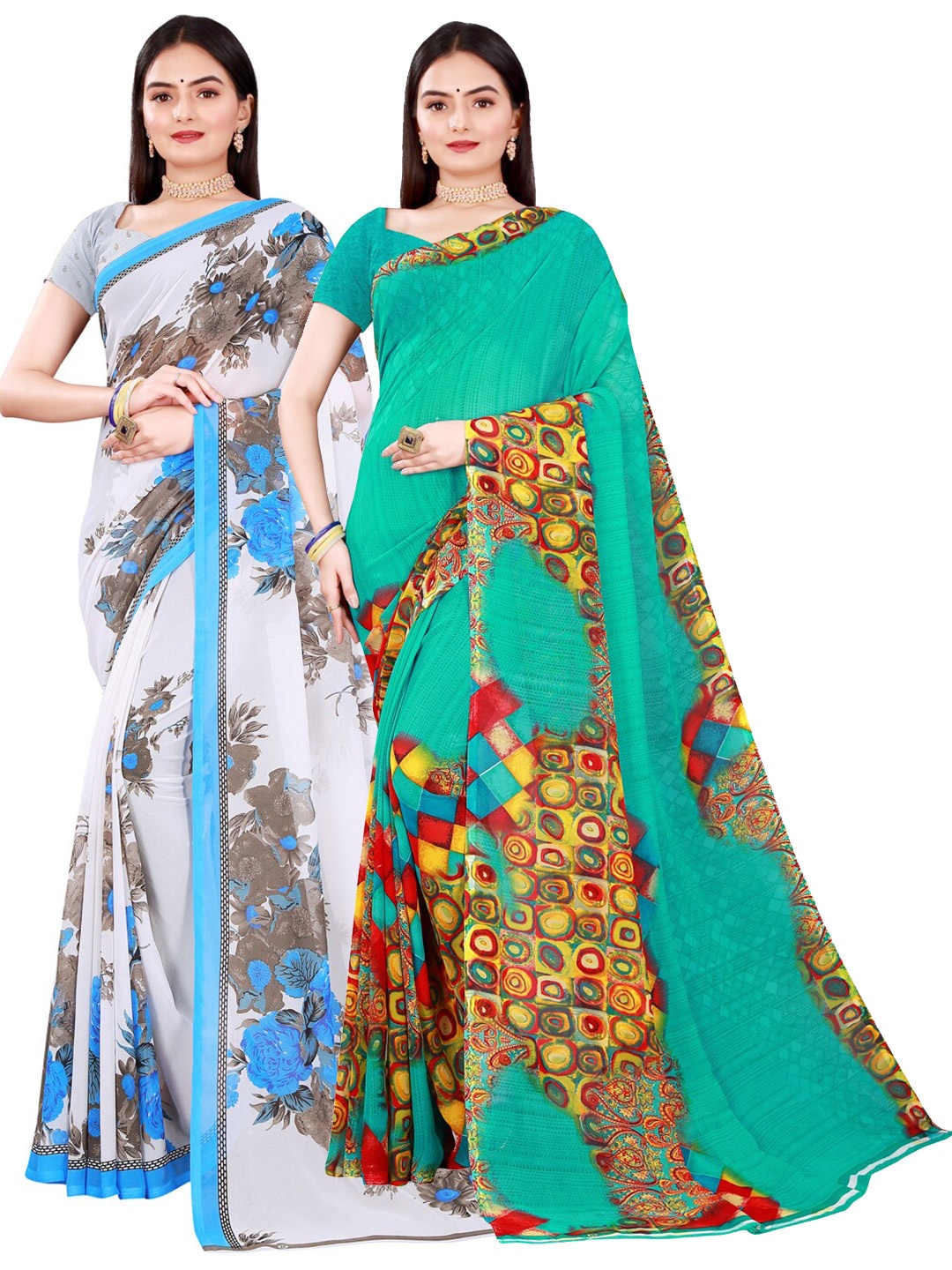 Florence Green & White Pure Georgette Saree