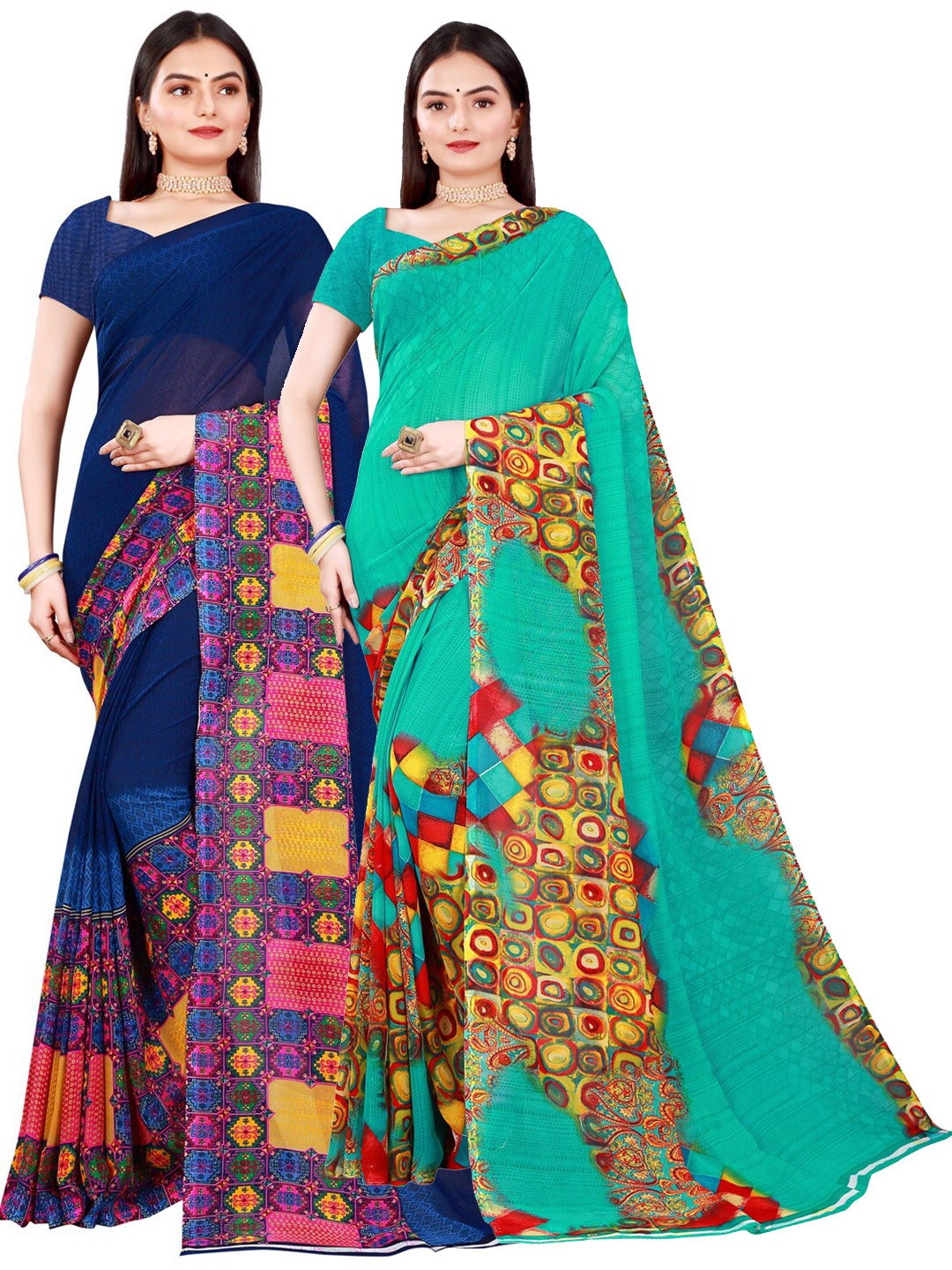 

Florence Green & Navy Blue Pure Georgette Saree
