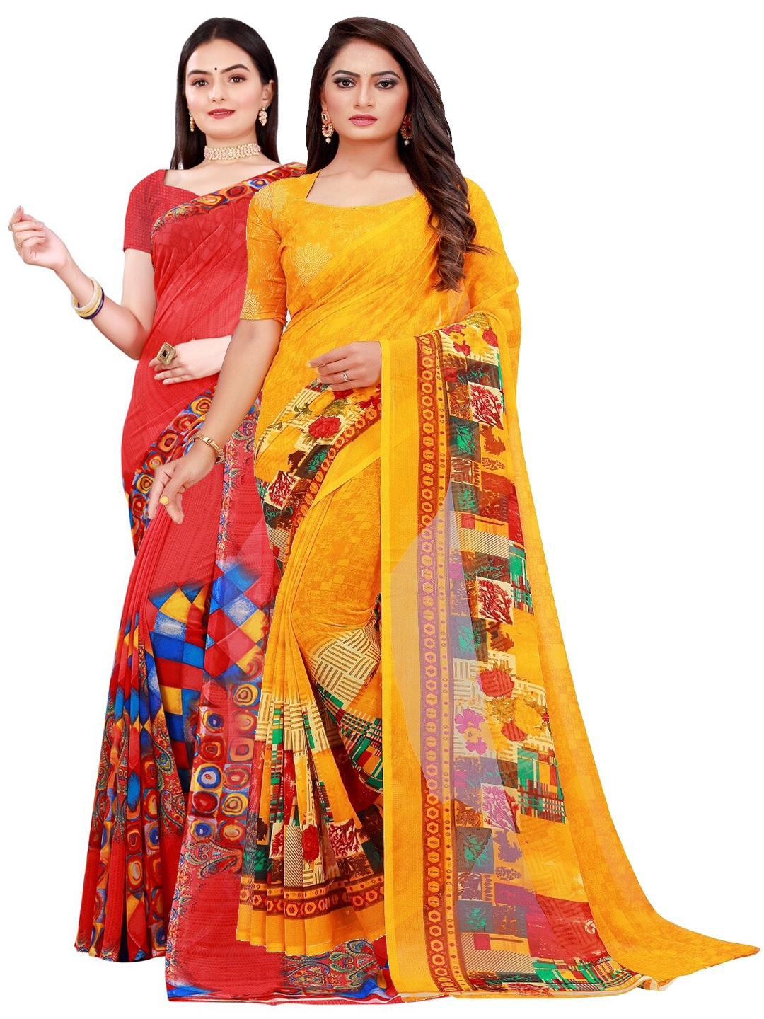 

Florence Women Pack of 2 Red & Yellow Printed Pure Georgette Saree